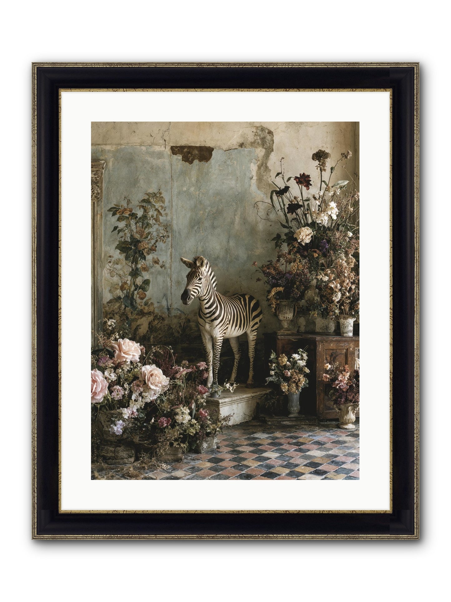 Flower Court Assembly Framed Print - Black & Gold 18x24