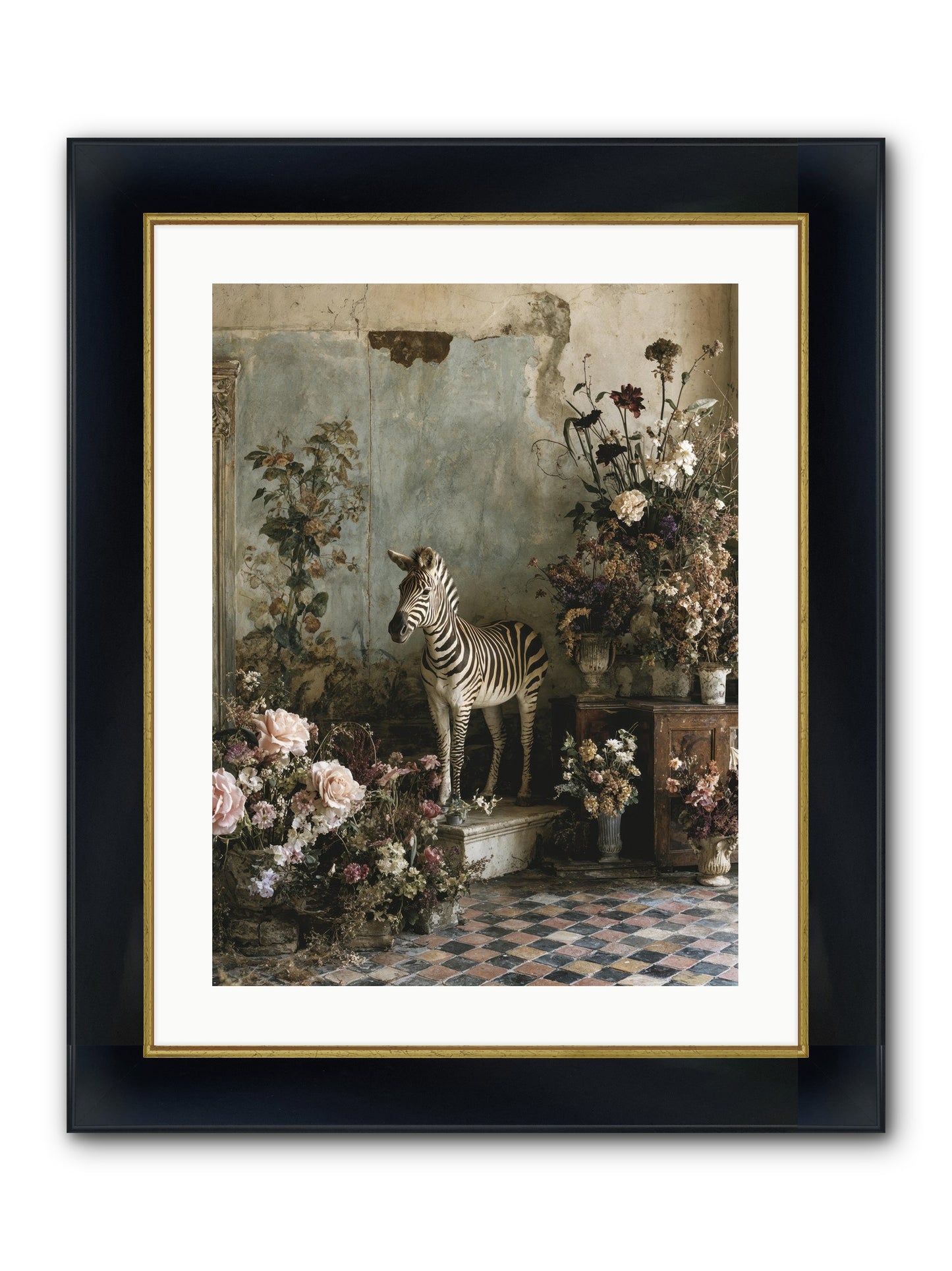 Flower Court Assembly Framed Print - Wide Black w/Gold 18x24