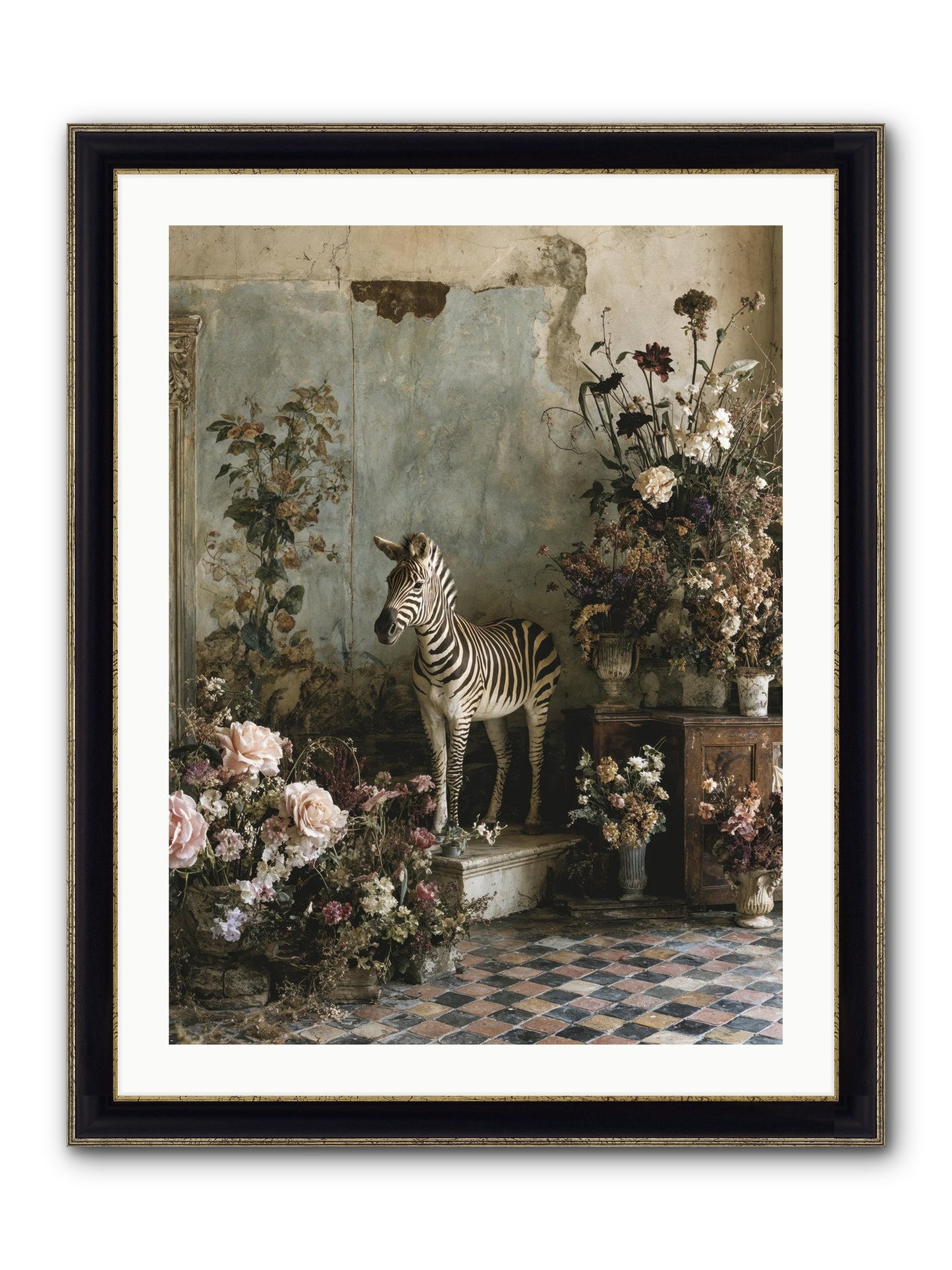 Flower Court Assembly Framed Print - Black & Gold 24x32