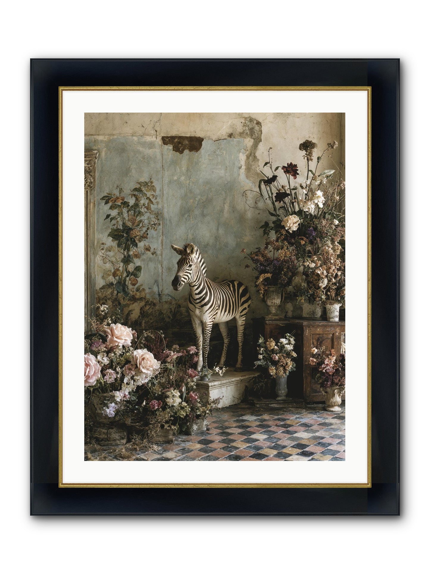 Flower Court Assembly Framed Print - Wide Black w/Gold 24x32