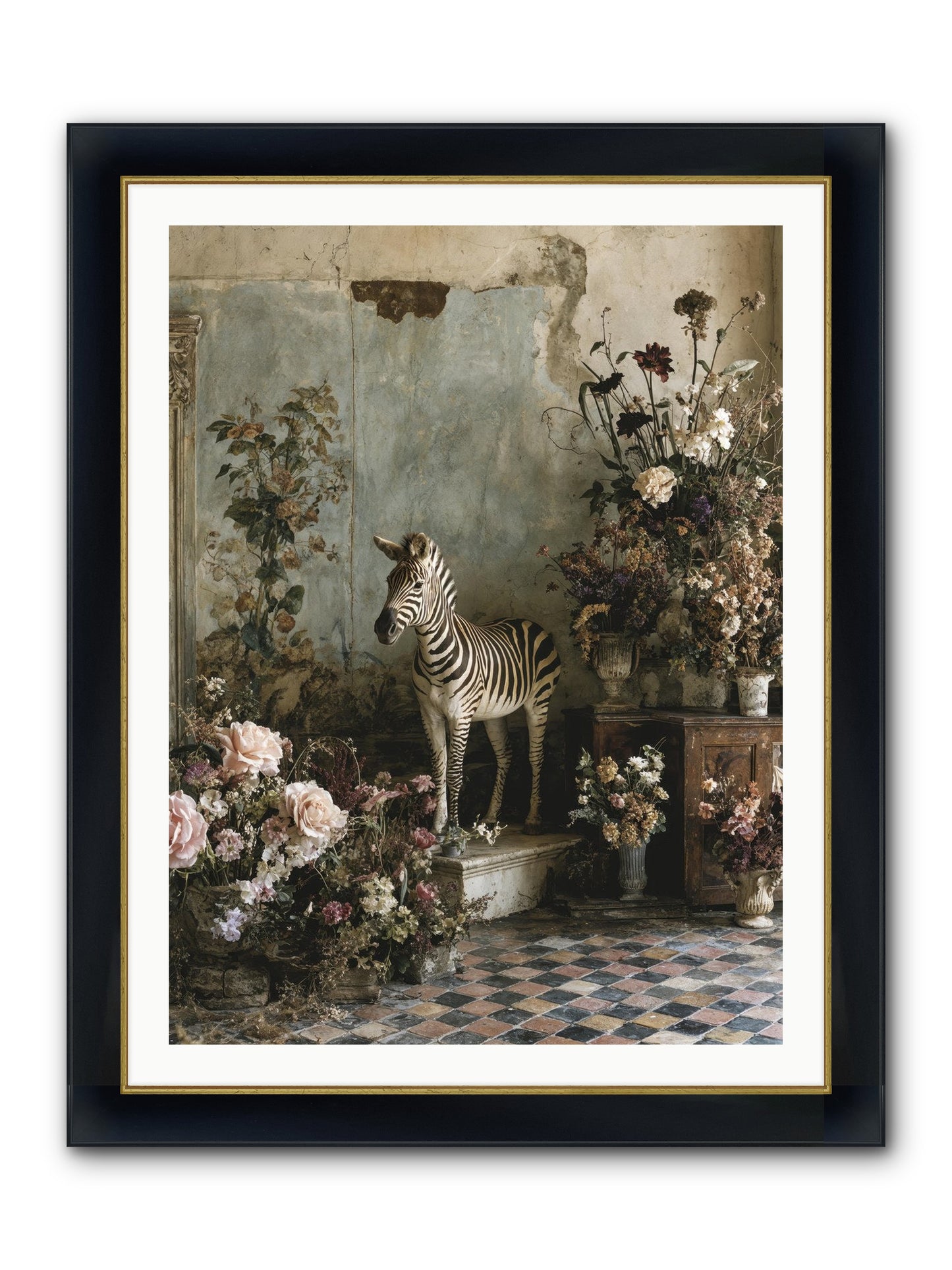 Flower Court Assembly Framed Print - Wide Black w/Gold 30x40