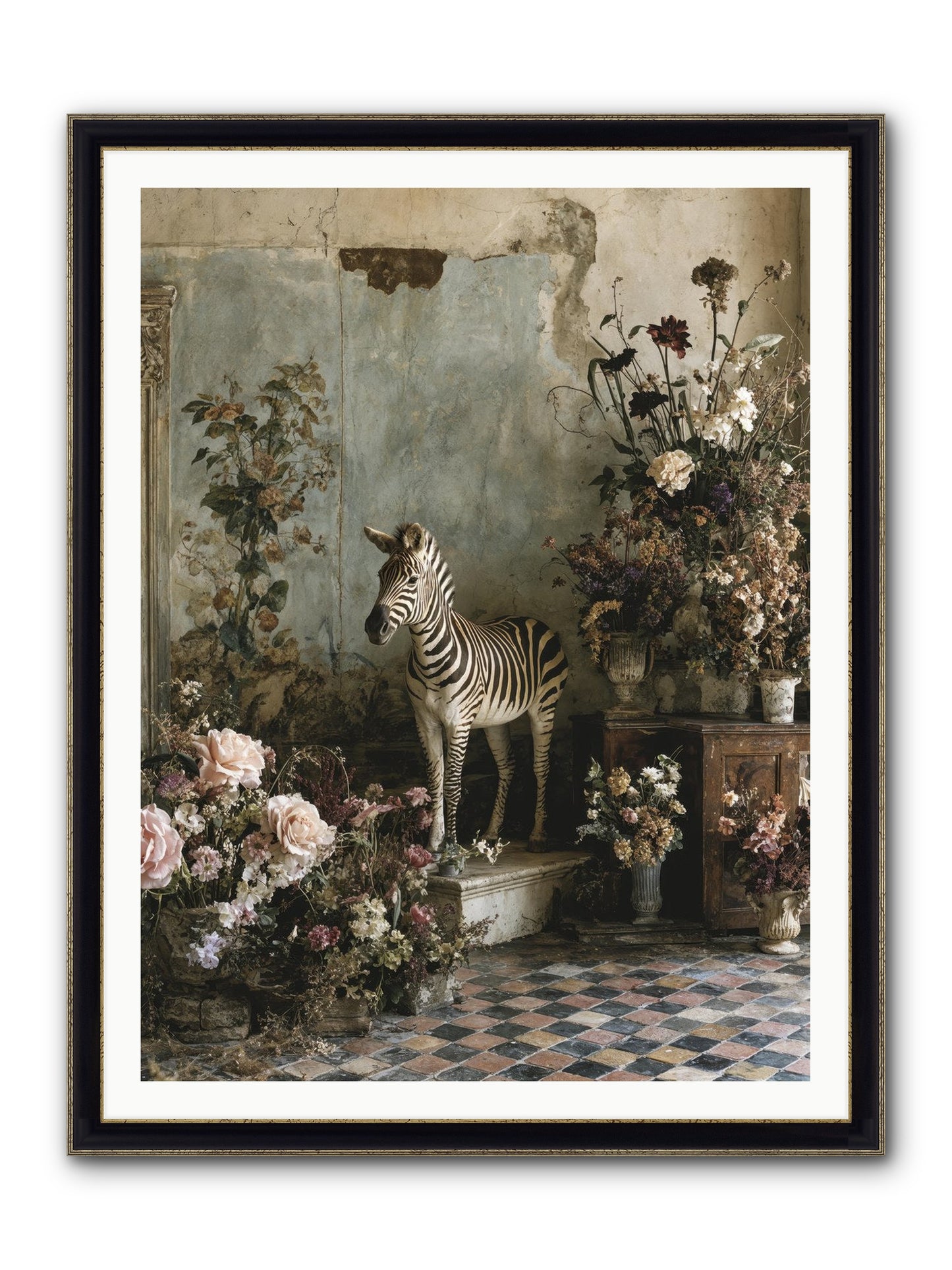Flower Court Assembly Framed Print - Black & Gold 36x48