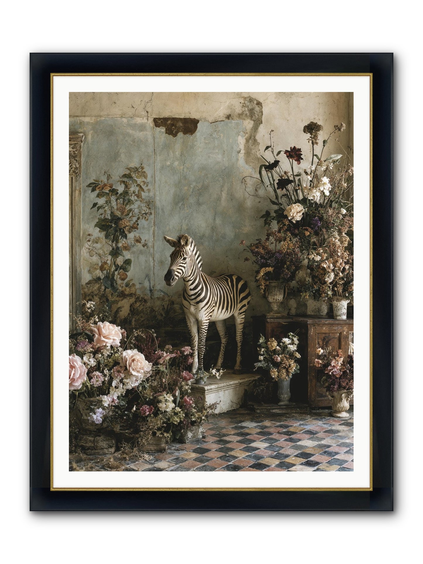 Flower Court Assembly Framed Print - Wide Black w/Gold 36x48