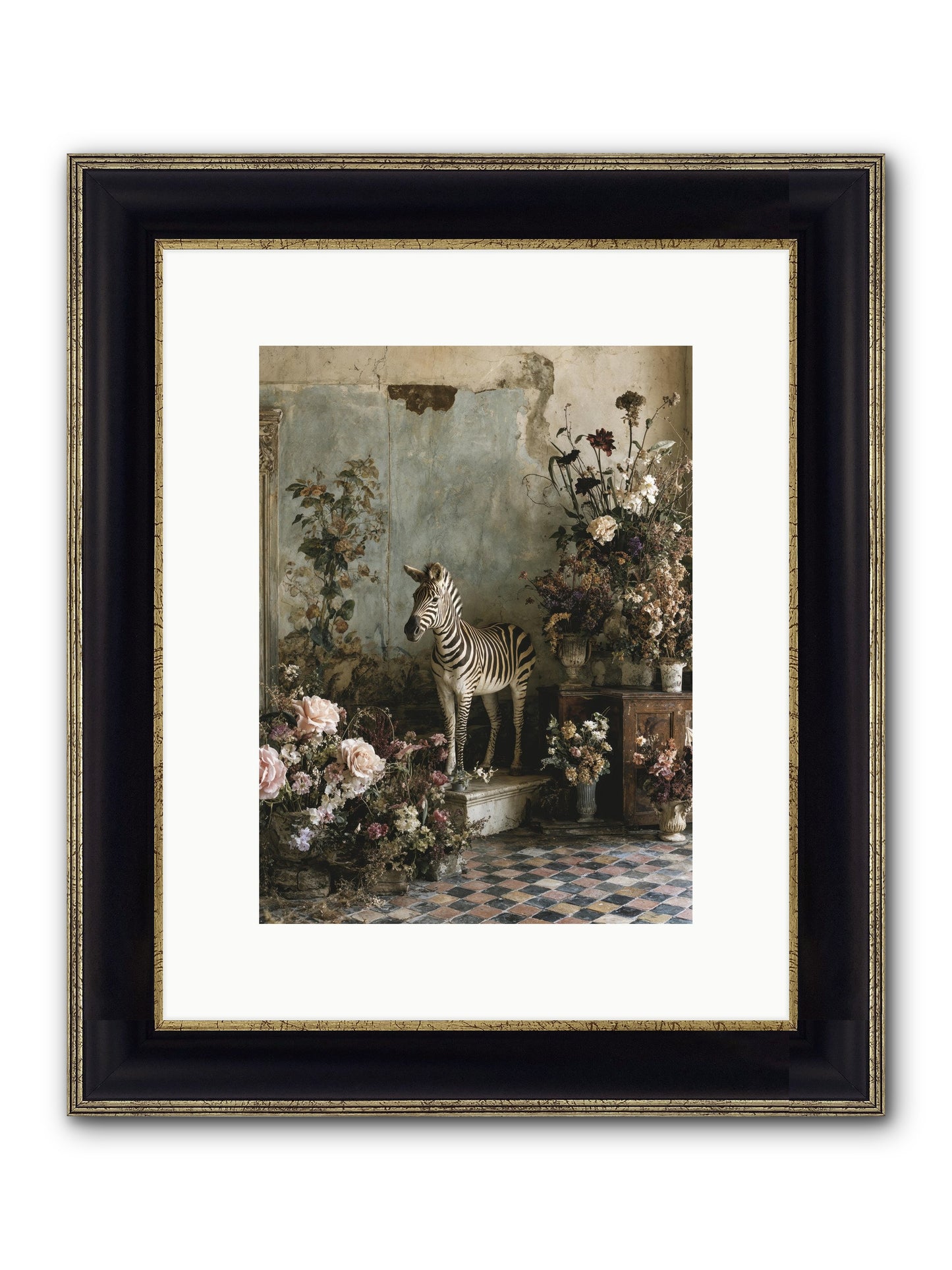 Flower Court Assembly Framed Print - Black & Gold 9x12