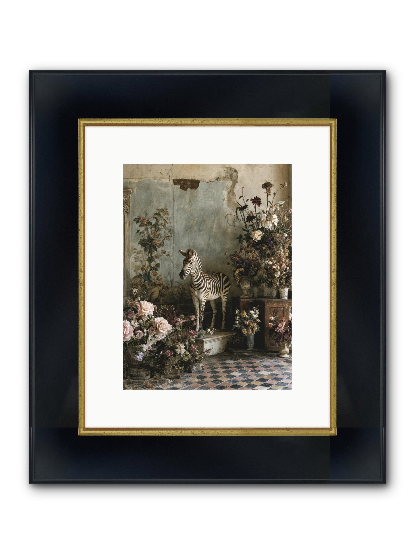 Flower Court Assembly Framed Print - Wide Black w/Gold 9x12