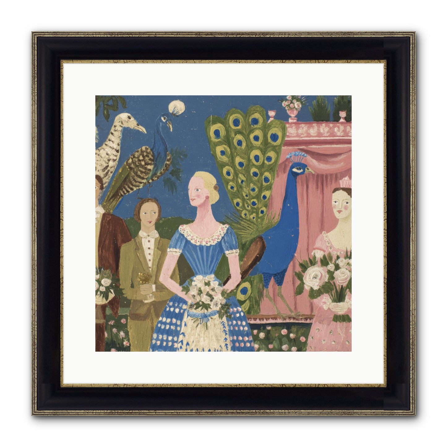 Hydrangea Row House Framed Print - Black & Gold 16x16