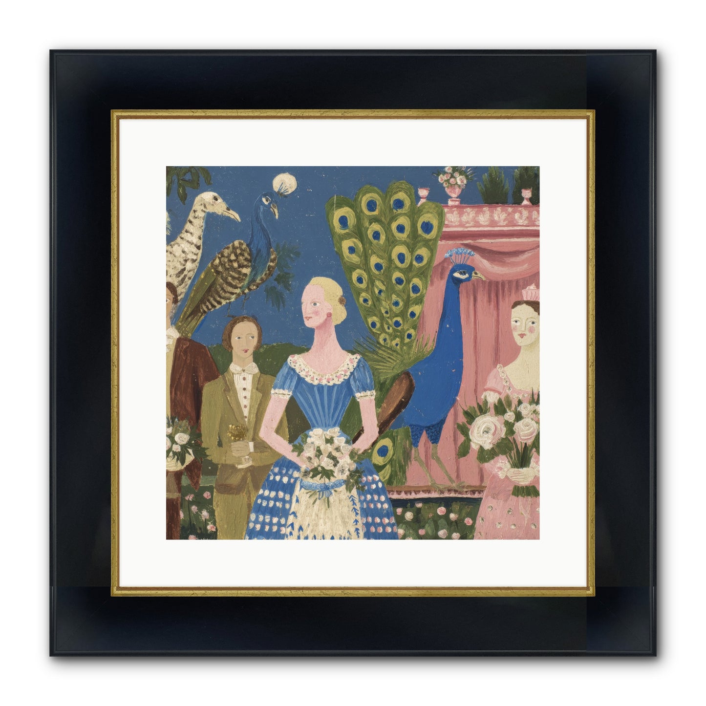Hydrangea Row House Framed Print - Wide Black w/Gold 16x16