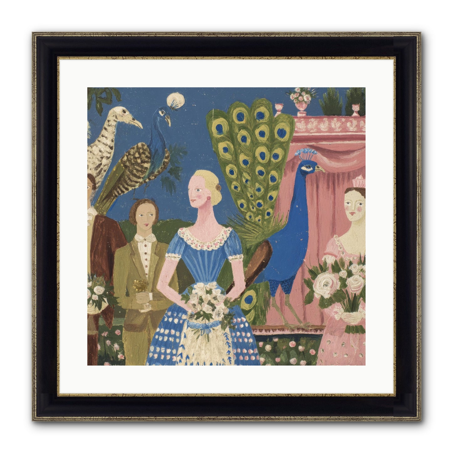 Hydrangea Row House Framed Print - Black & Gold 20x20