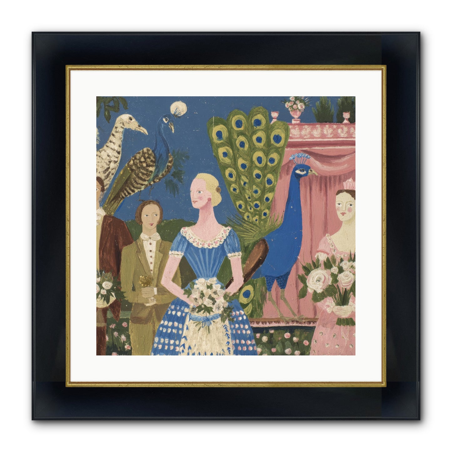 Hydrangea Row House Framed Print - Wide Black w/Gold 20x20