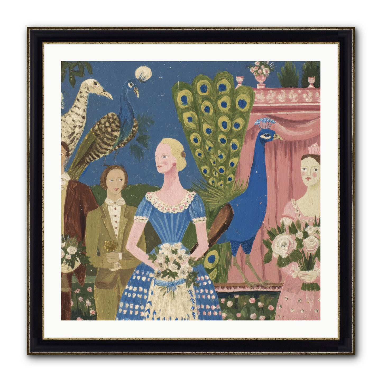 Hydrangea Row House Framed Print - Black & Gold 30x30