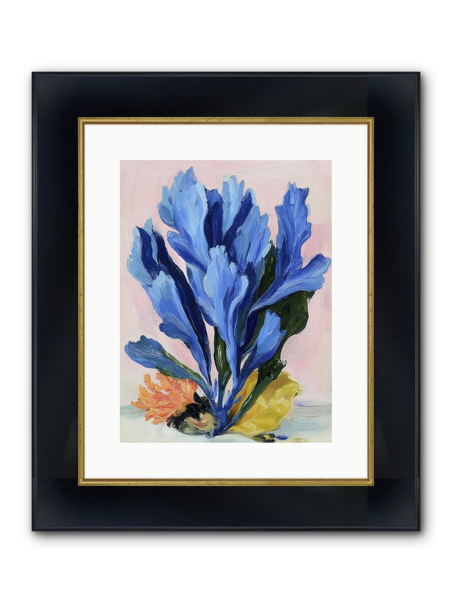 Indigo Sea Florals Framed Print - Wide Black w/Gold 12x16