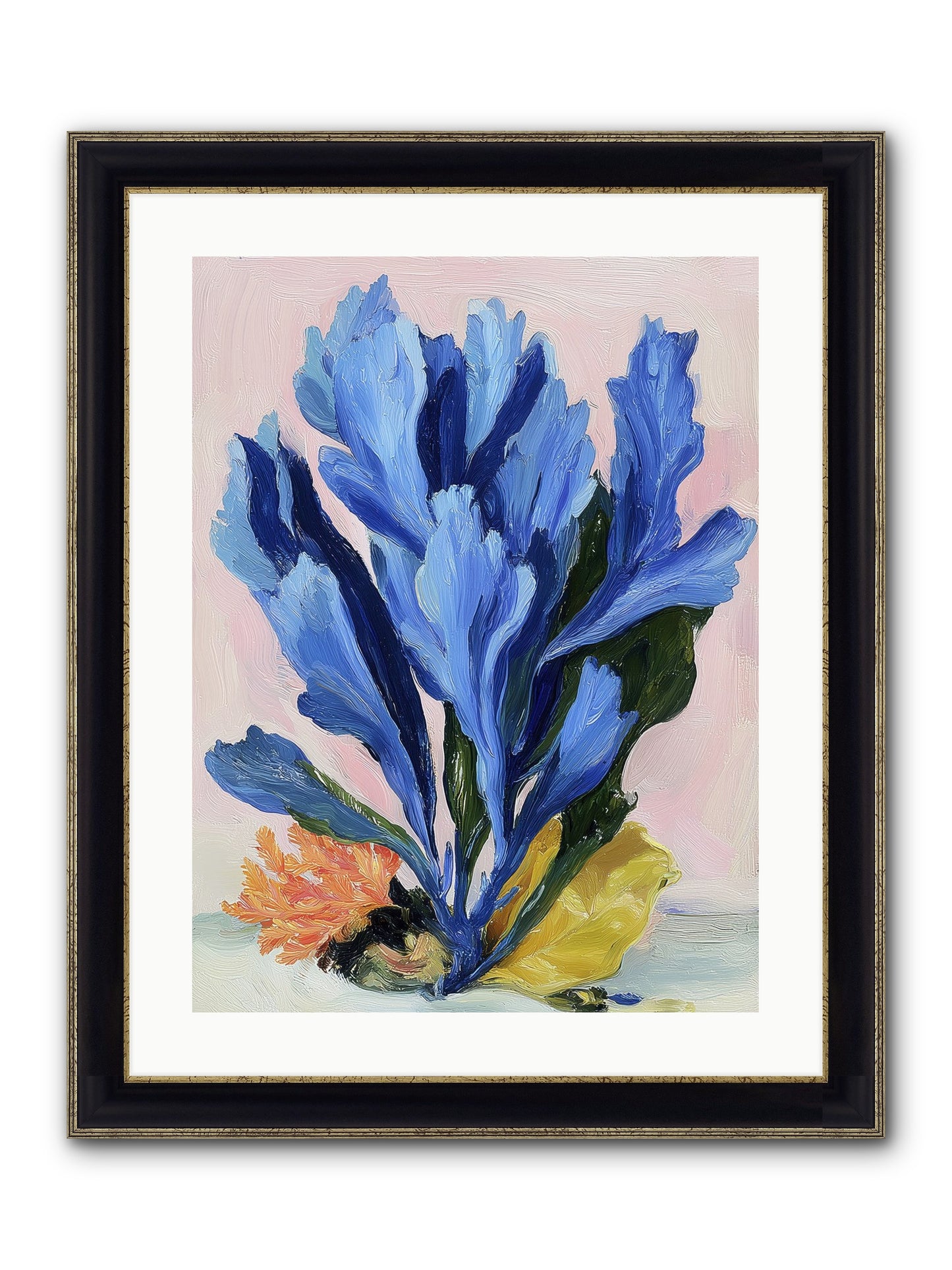Indigo Sea Florals Framed Print - Black & Gold 18x24