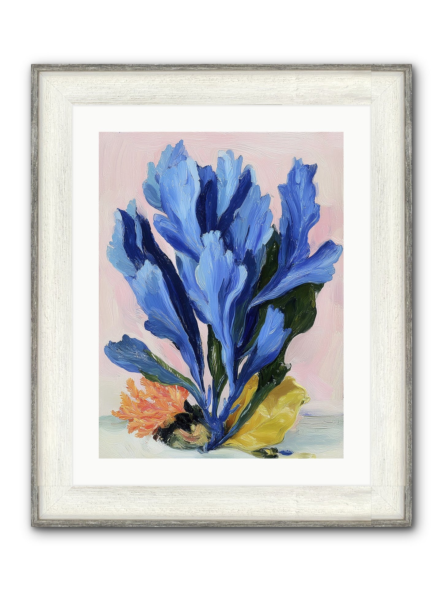 Indigo Sea Florals Framed Print - Driftwood White 18x24