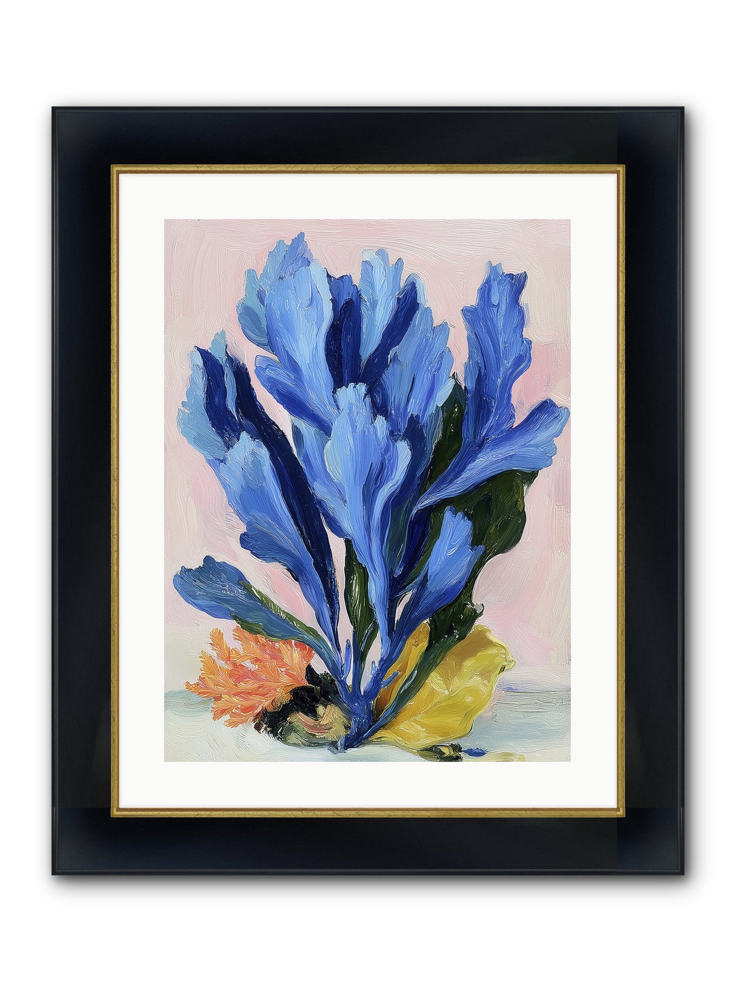 Indigo Sea Florals Framed Print - Wide Black w/Gold 18x24