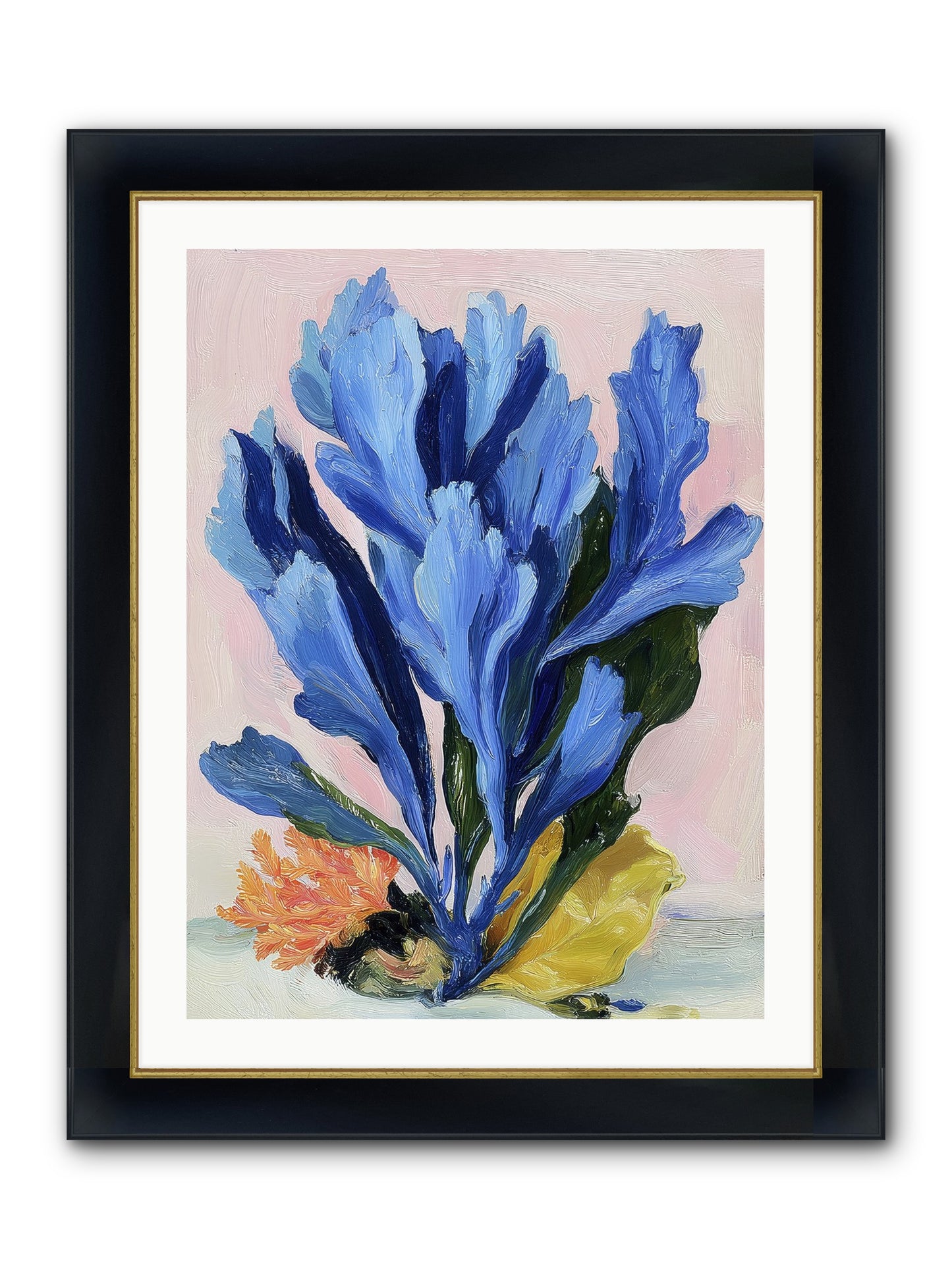 Indigo Sea Florals Framed Print - Wide Black w/Gold 24x32