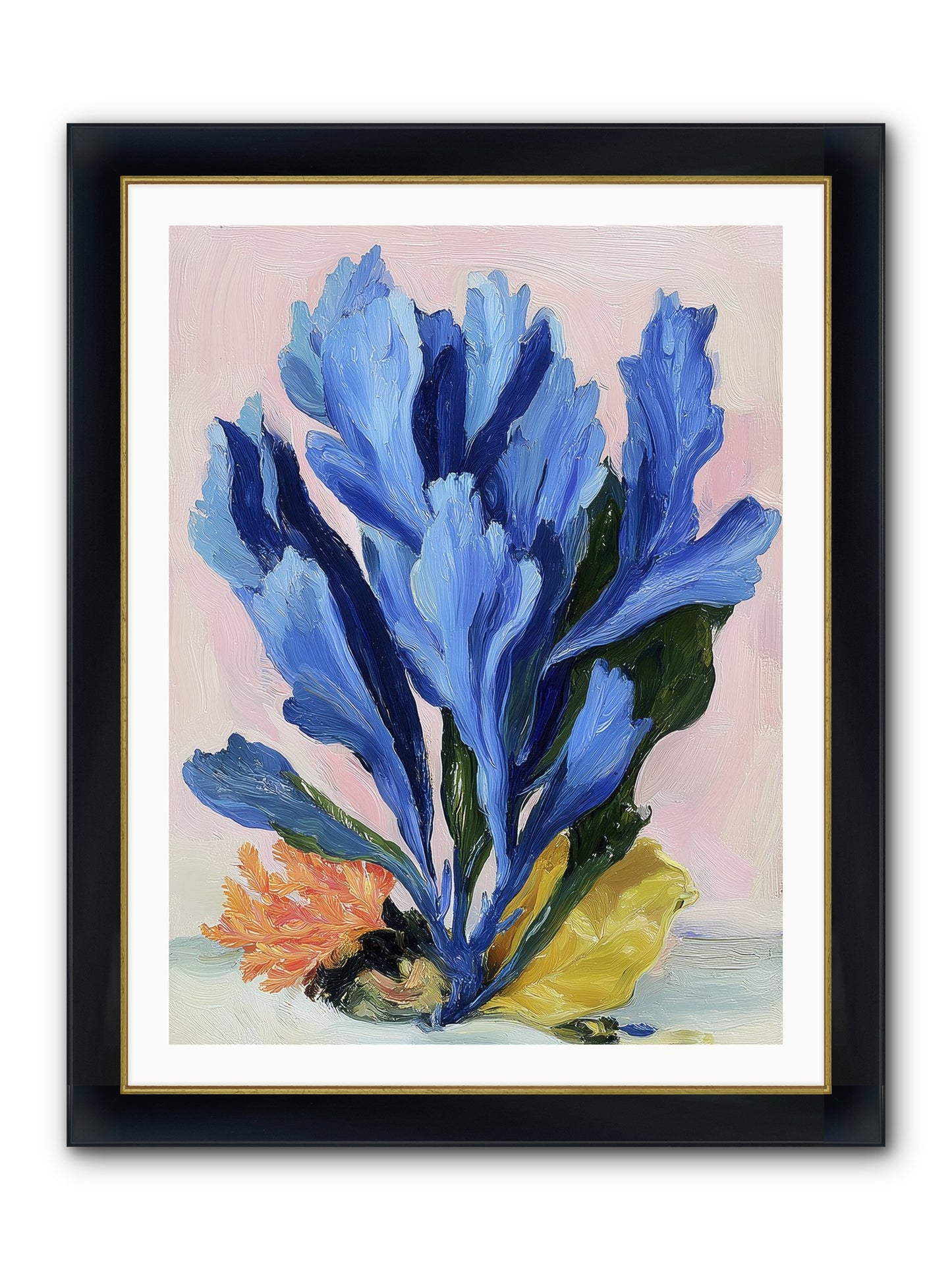 Indigo Sea Florals Framed Print - Wide Black w/Gold 30x40