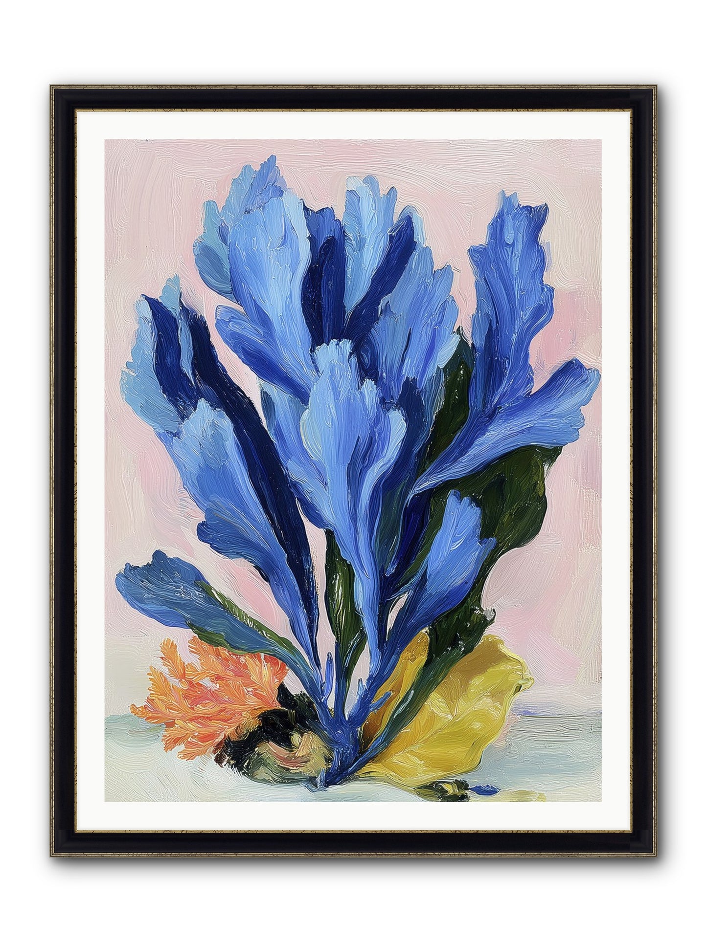 Indigo Sea Florals Framed Print - Black & Gold 36x48