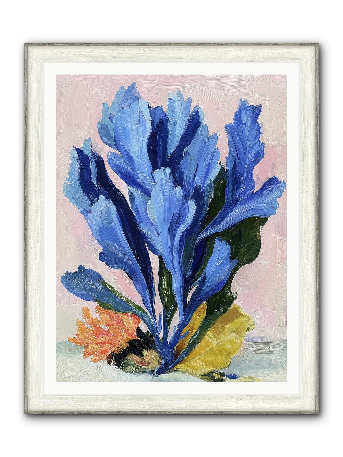 Indigo Sea Florals Framed Print - Driftwood White 36x48