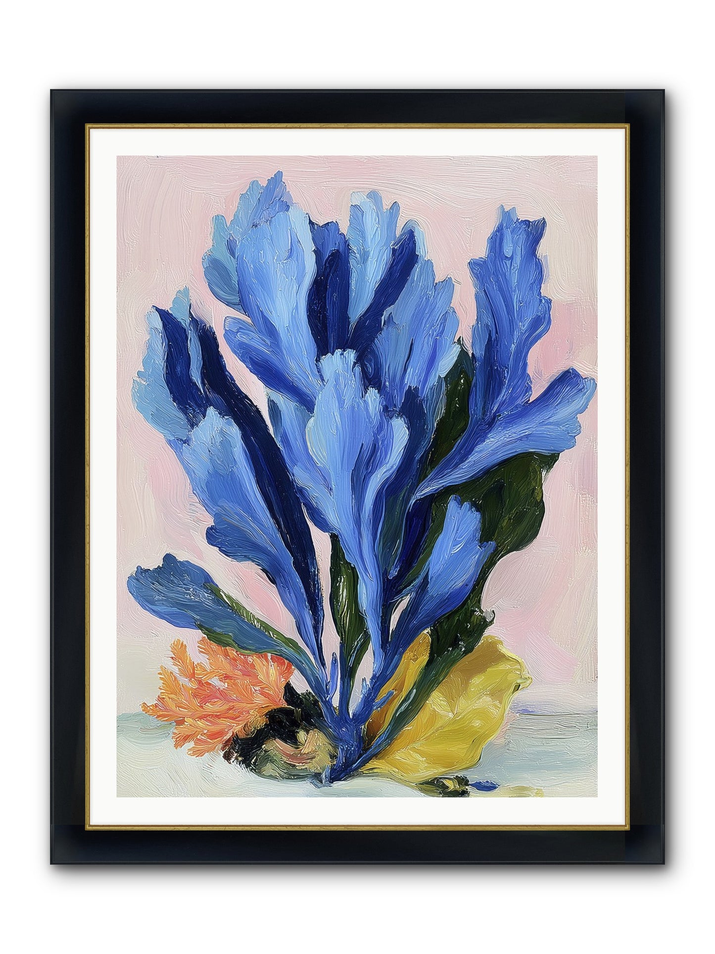 Indigo Sea Florals Framed Print - Wide Black w/Gold 36x48