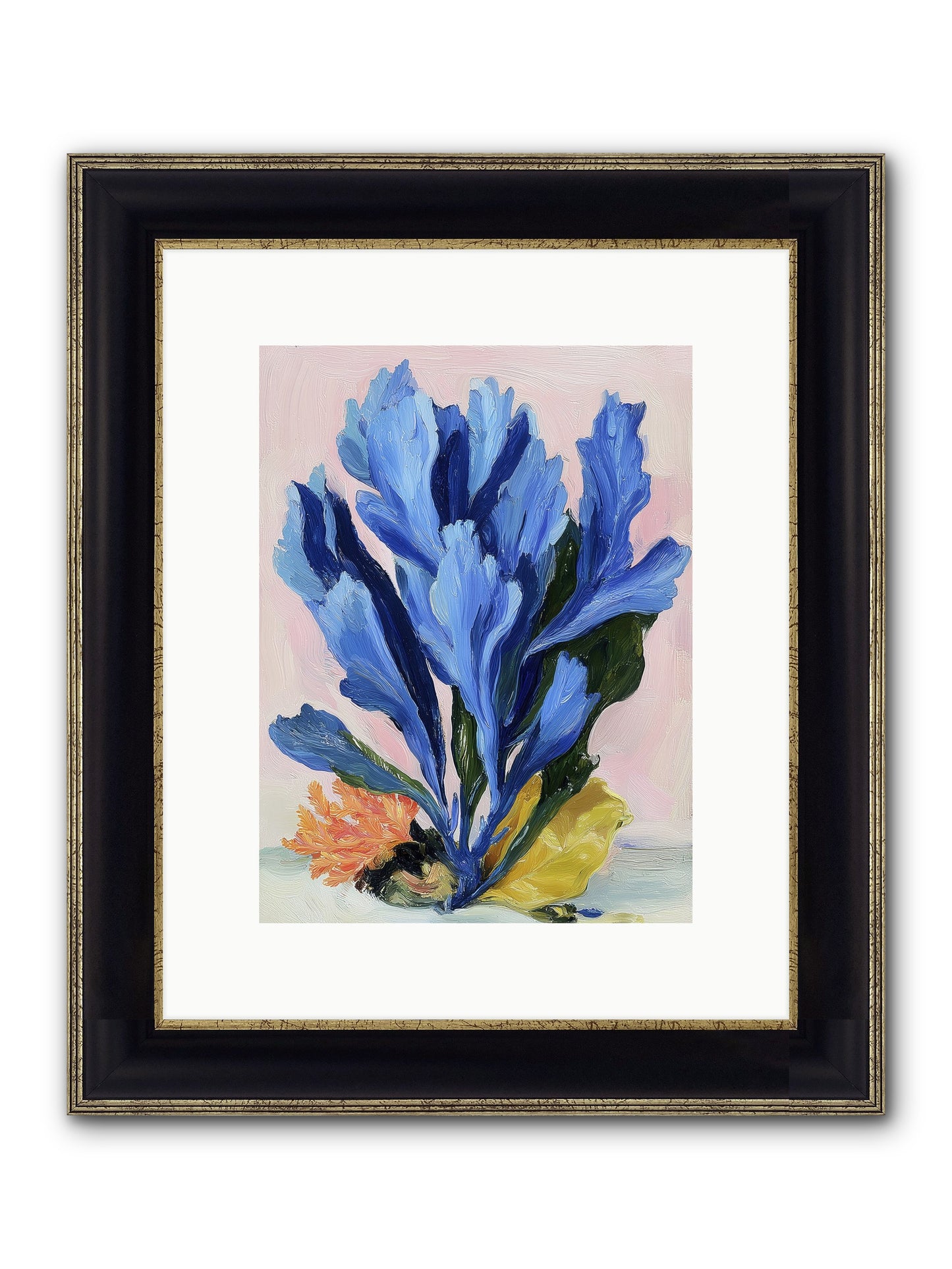 Indigo Sea Florals Framed Print - Black & Gold 9x12