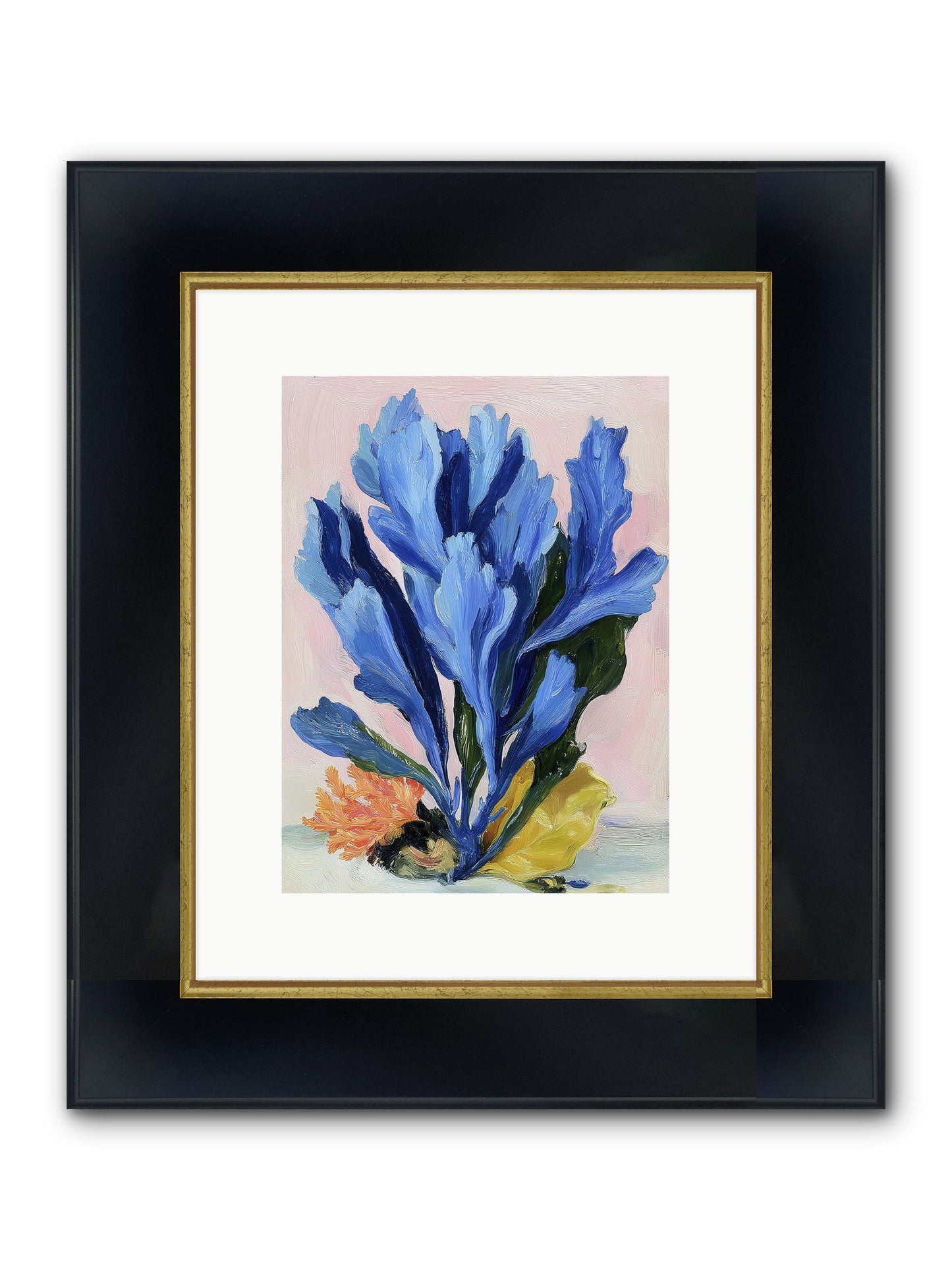 Indigo Sea Florals Framed Print - Wide Black w/Gold 9x12