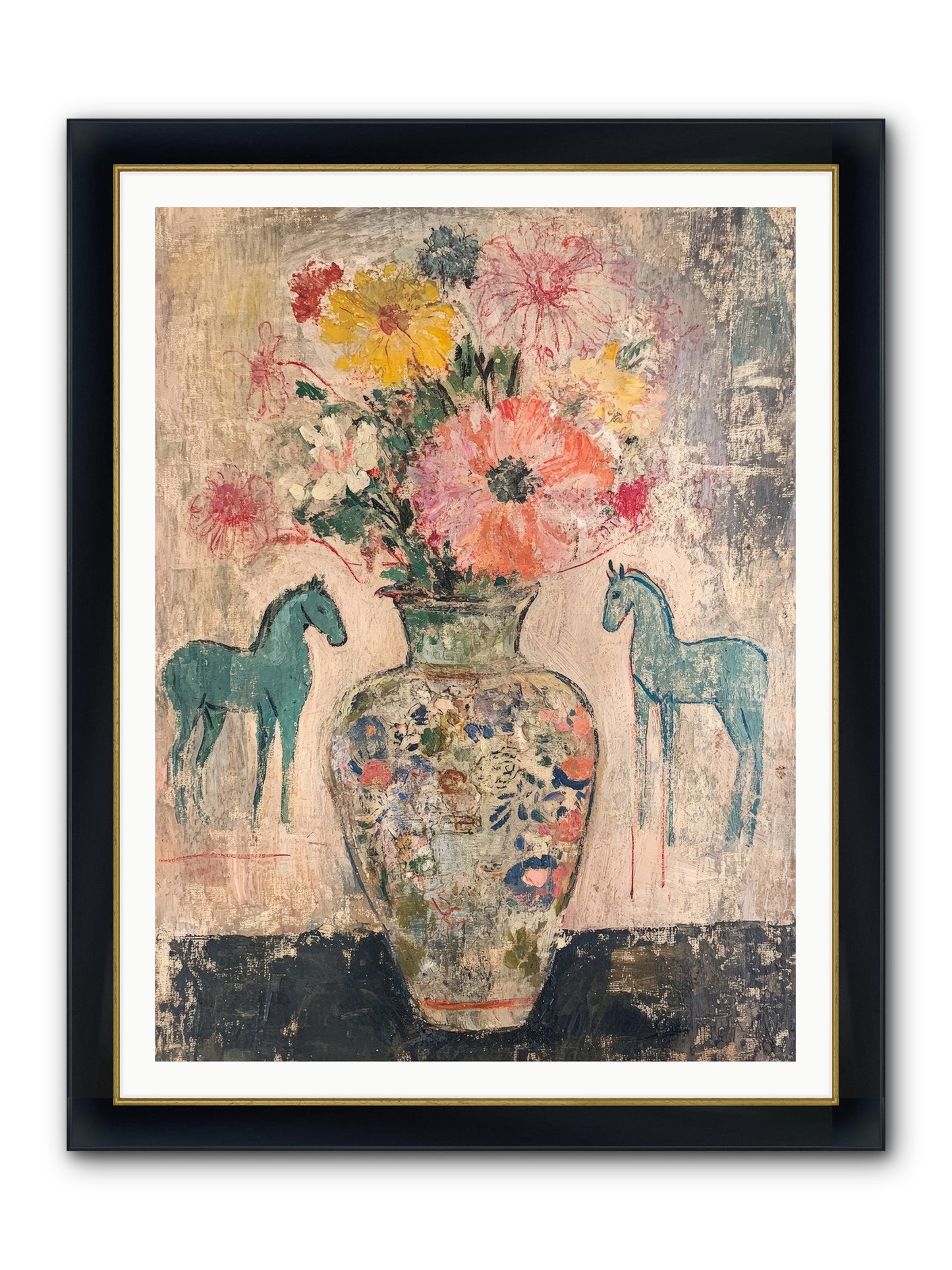 Indigo Steeds Of Ashworth Framed Print - Wide Black w/Gold 36x48