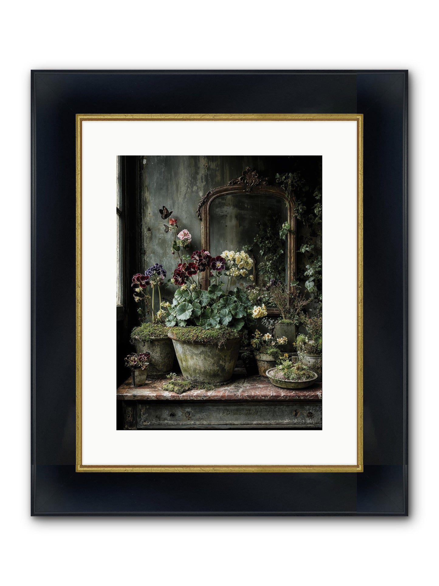 Jardinscript Framed Print - Wide Black w/Gold 12x16