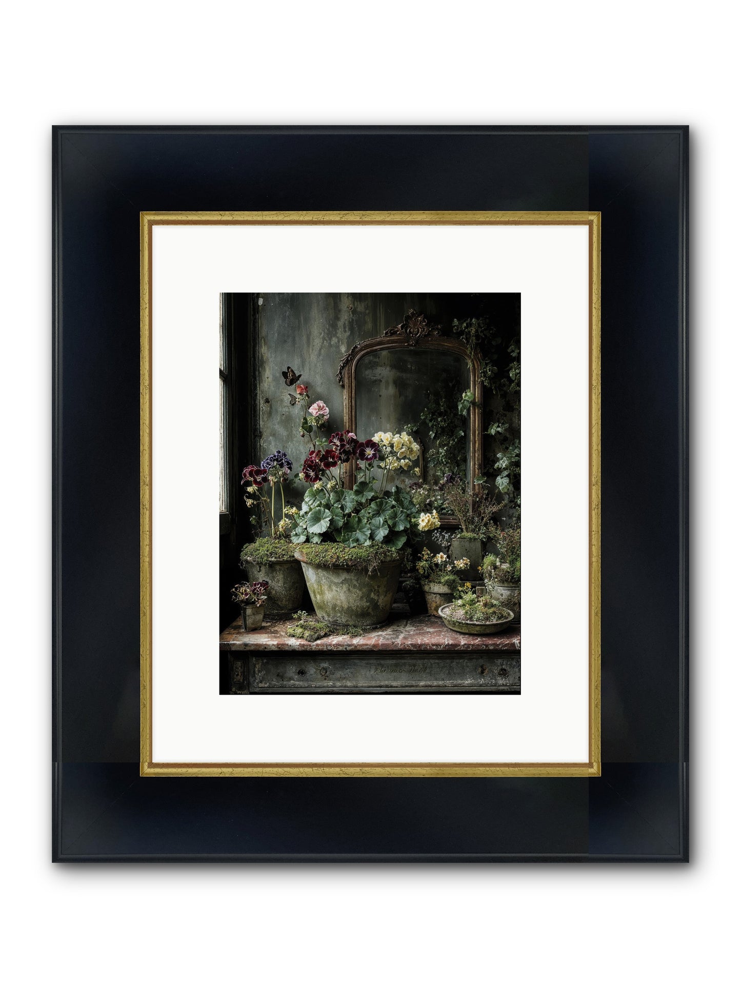 Jardinscript Framed Print - Wide Black w/Gold 9x12