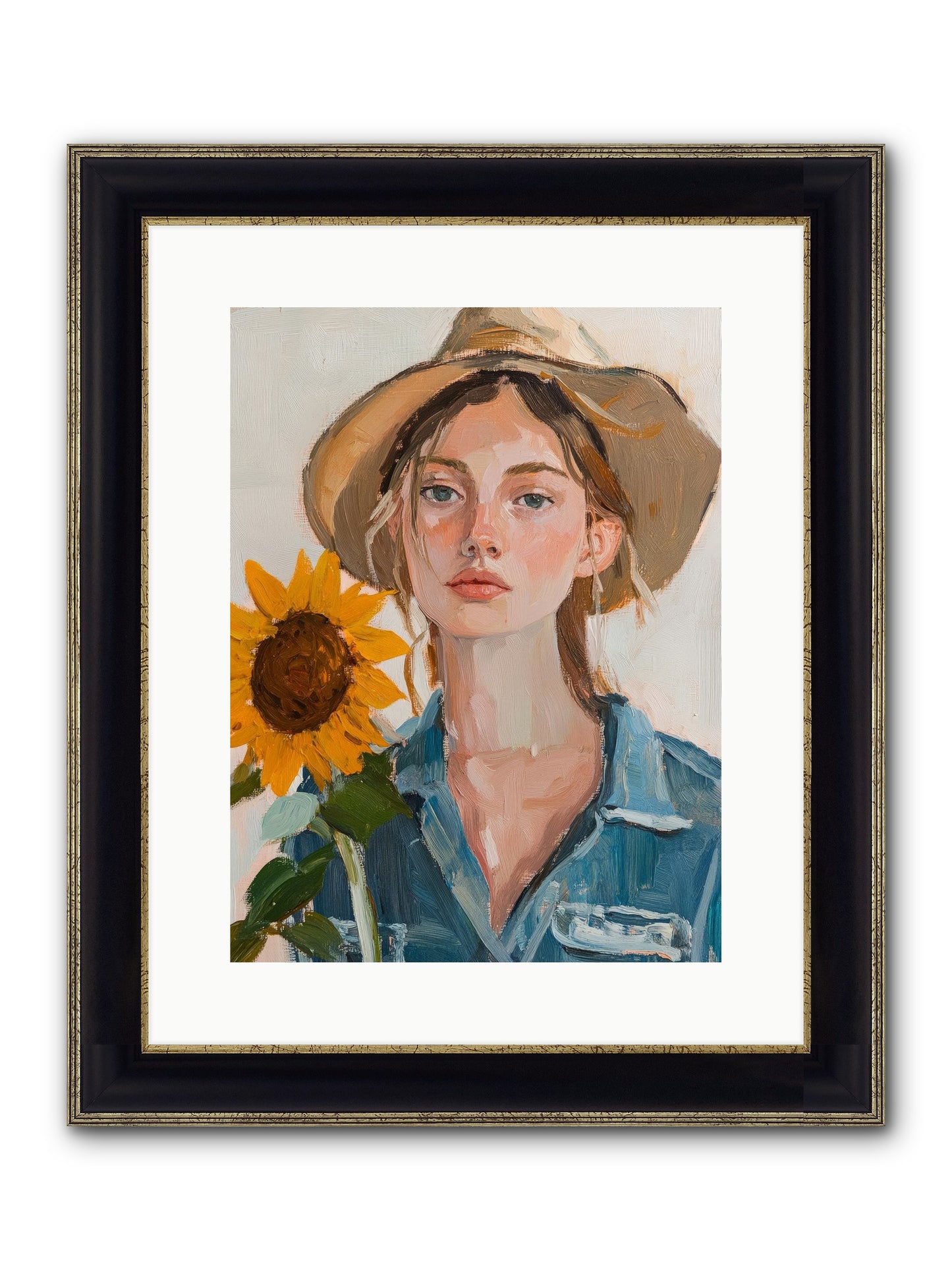 Lady Sunflower Framed Print - Black & Gold 12x16