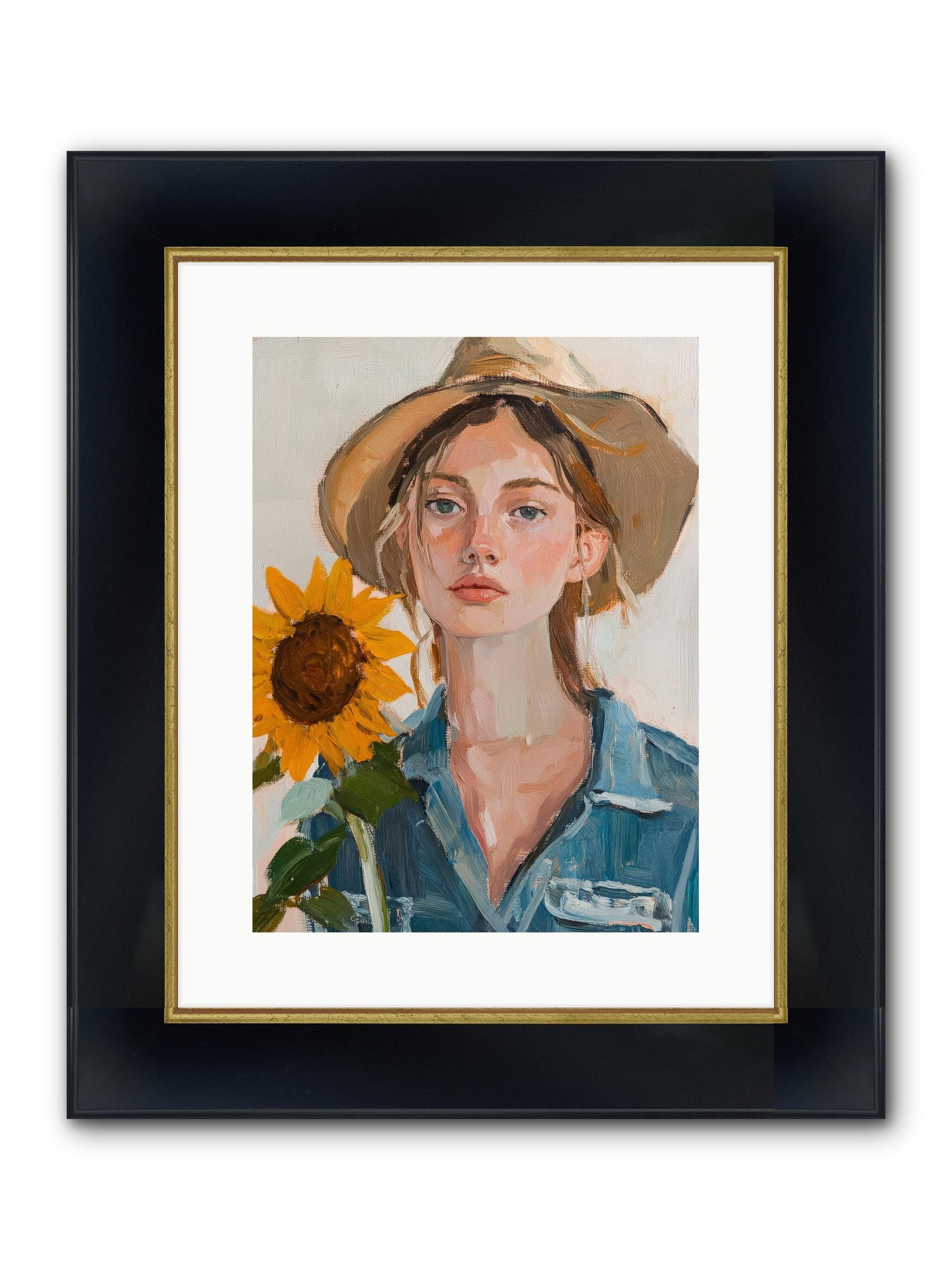 Lady Sunflower Framed Print - Wide Black w/Gold 12x16