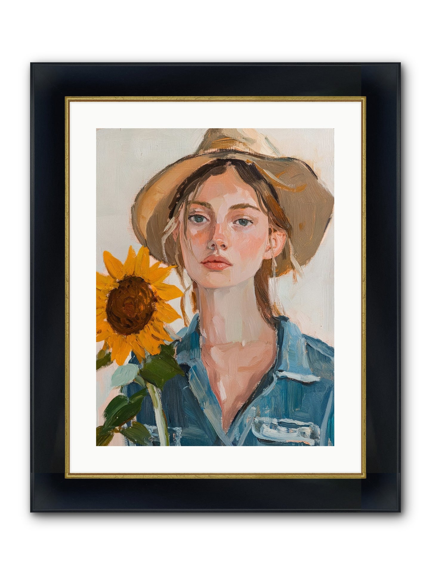 Lady Sunflower Framed Print - Wide Black w/Gold 18x24