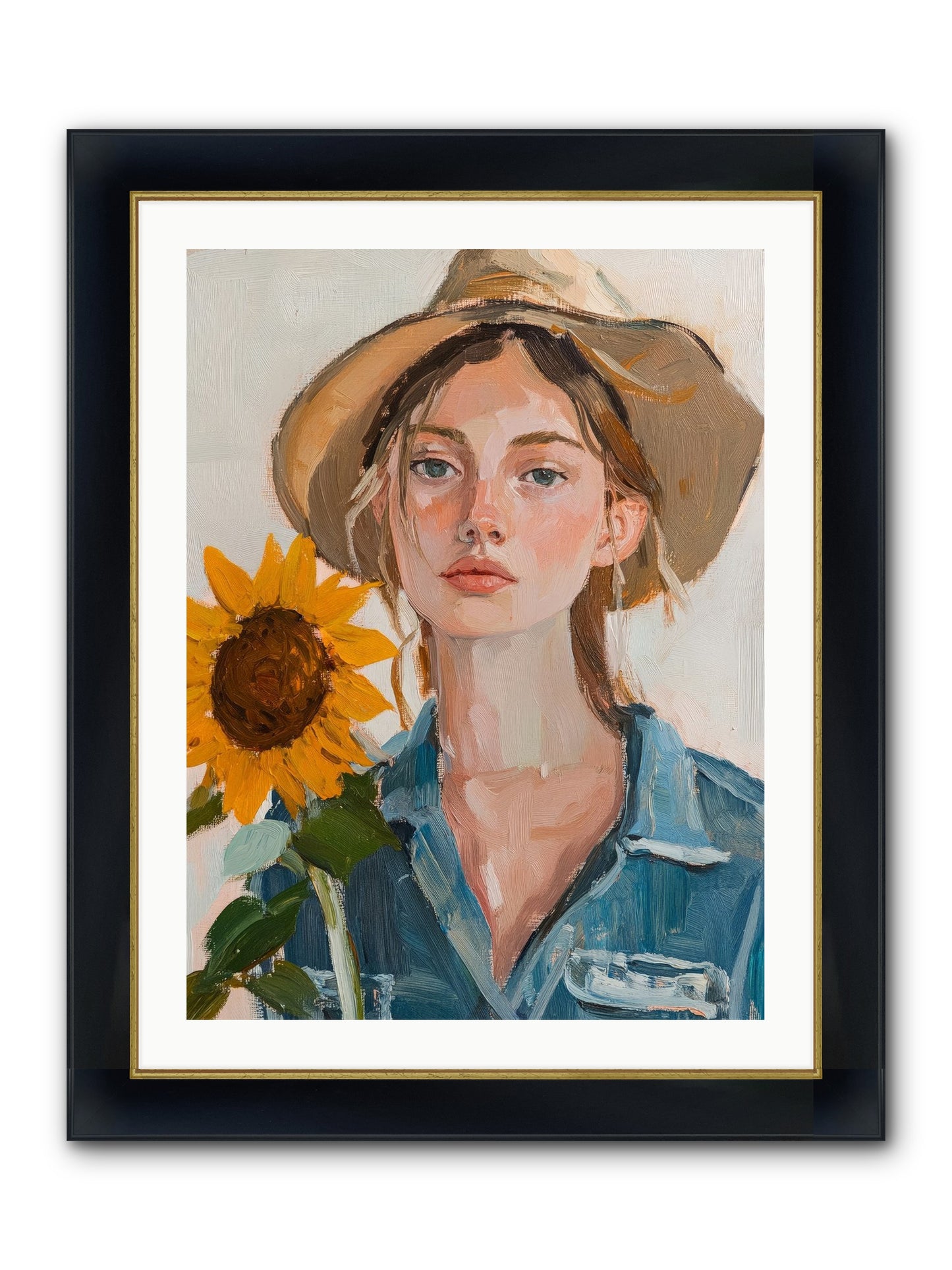 Lady Sunflower Framed Print - Wide Black w/Gold 24x32