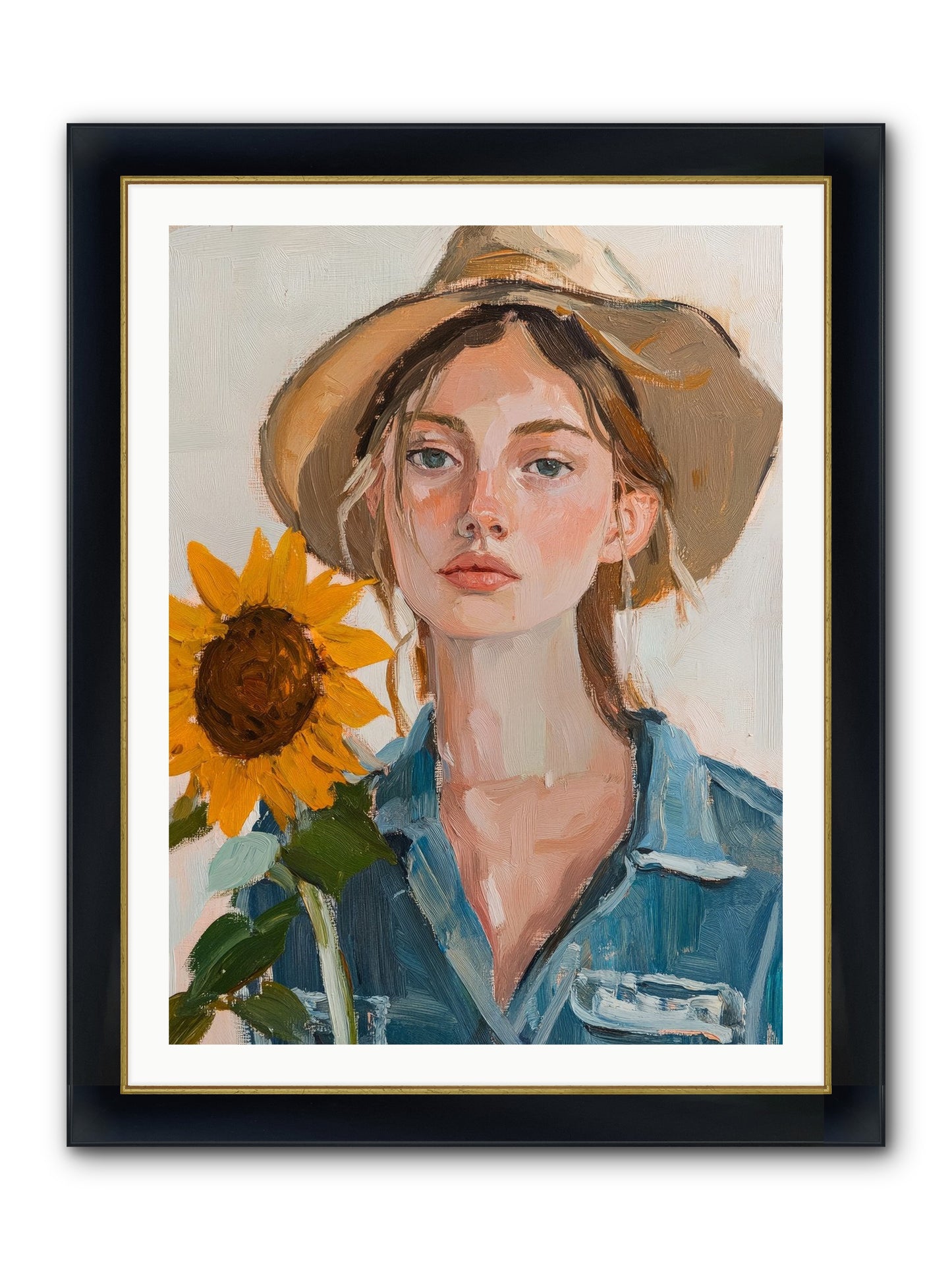 Lady Sunflower Framed Print - Wide Black w/Gold 30x40