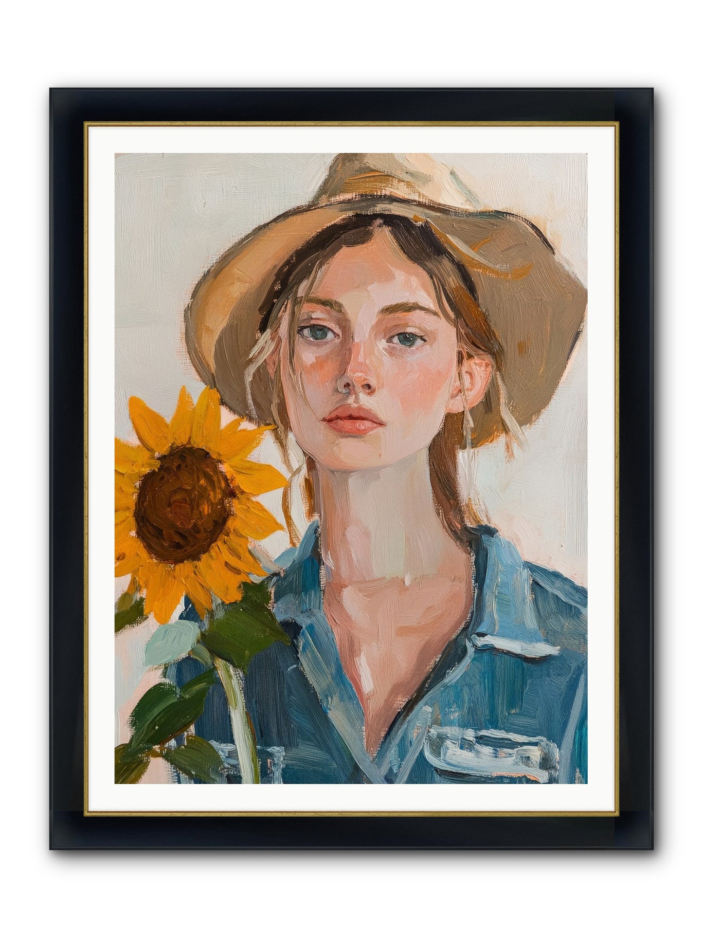 Lady Sunflower Framed Print - Wide Black w/Gold 36x48