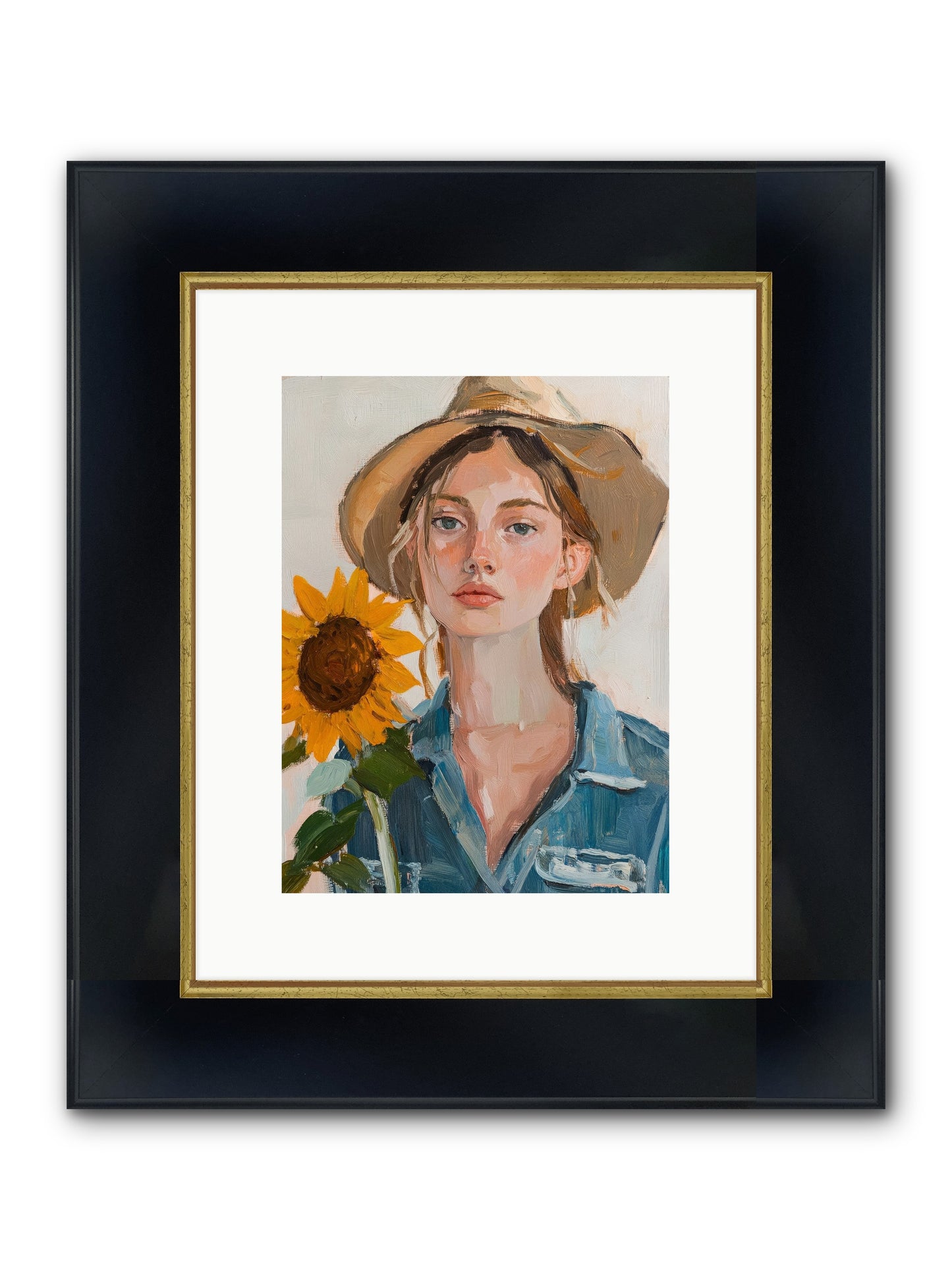 Lady Sunflower Framed Print - Wide Black w/Gold 9x12