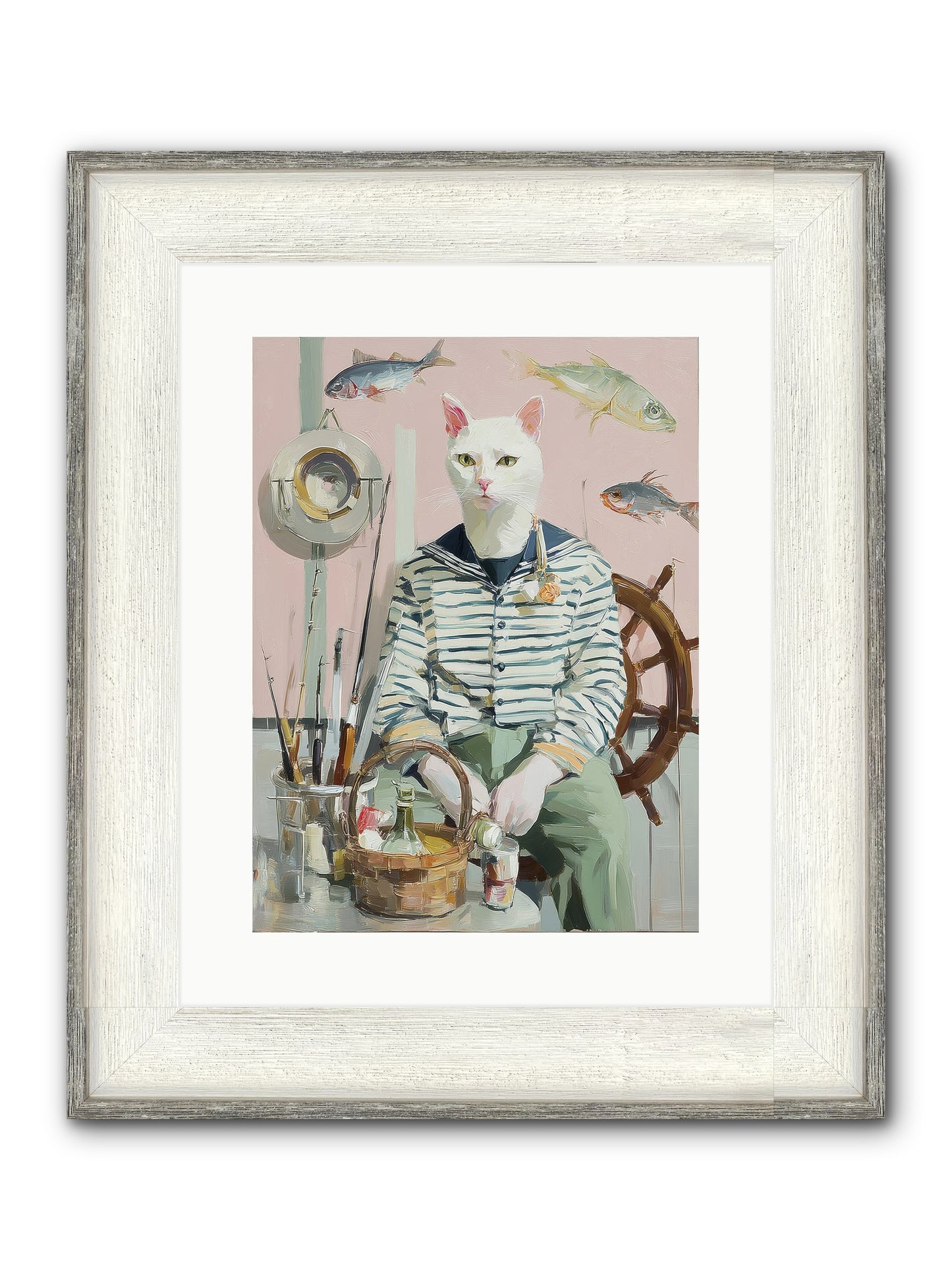 Maritime Meow Framed Print - Driftwood White 12x16