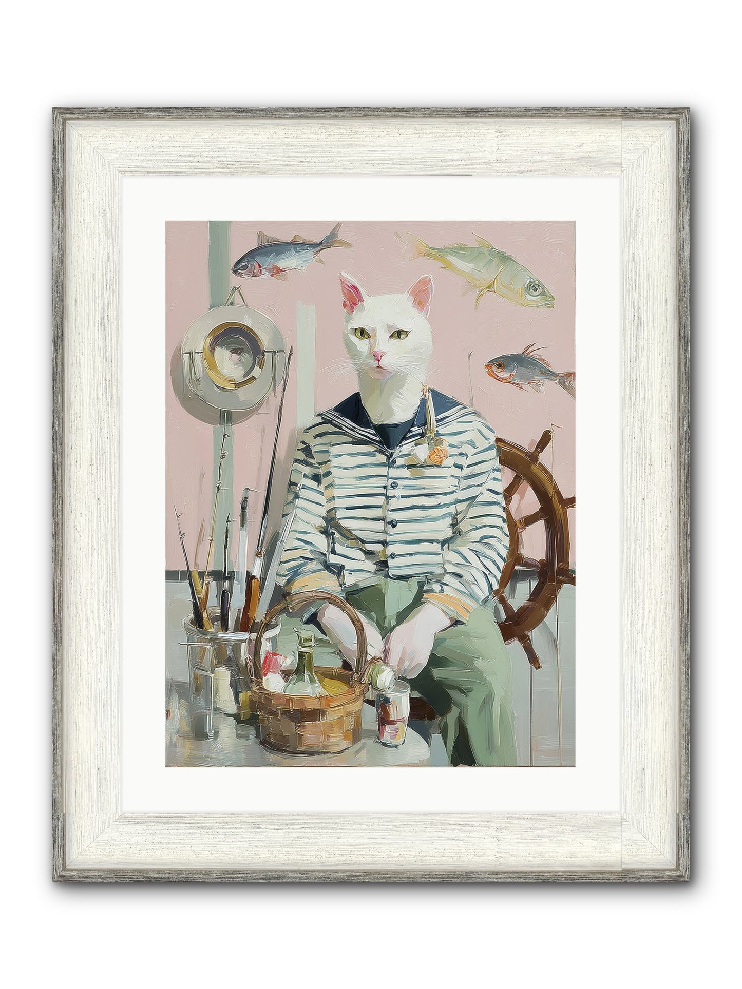 Maritime Meow Framed Print - Driftwood White 18x24