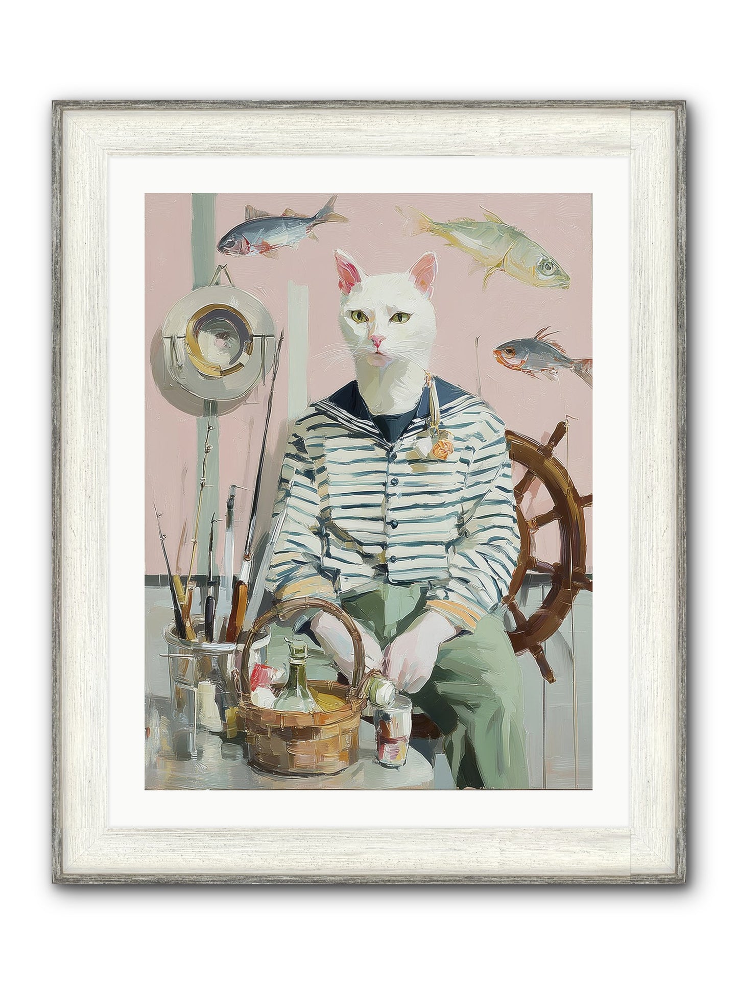 Maritime Meow Framed Print - Driftwood White 24x32