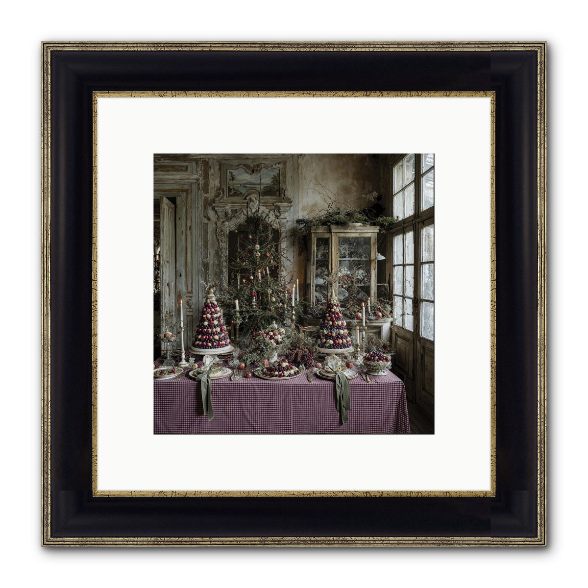 Mistletoe Meadow Cottage Framed Print - Black & Gold 10x10