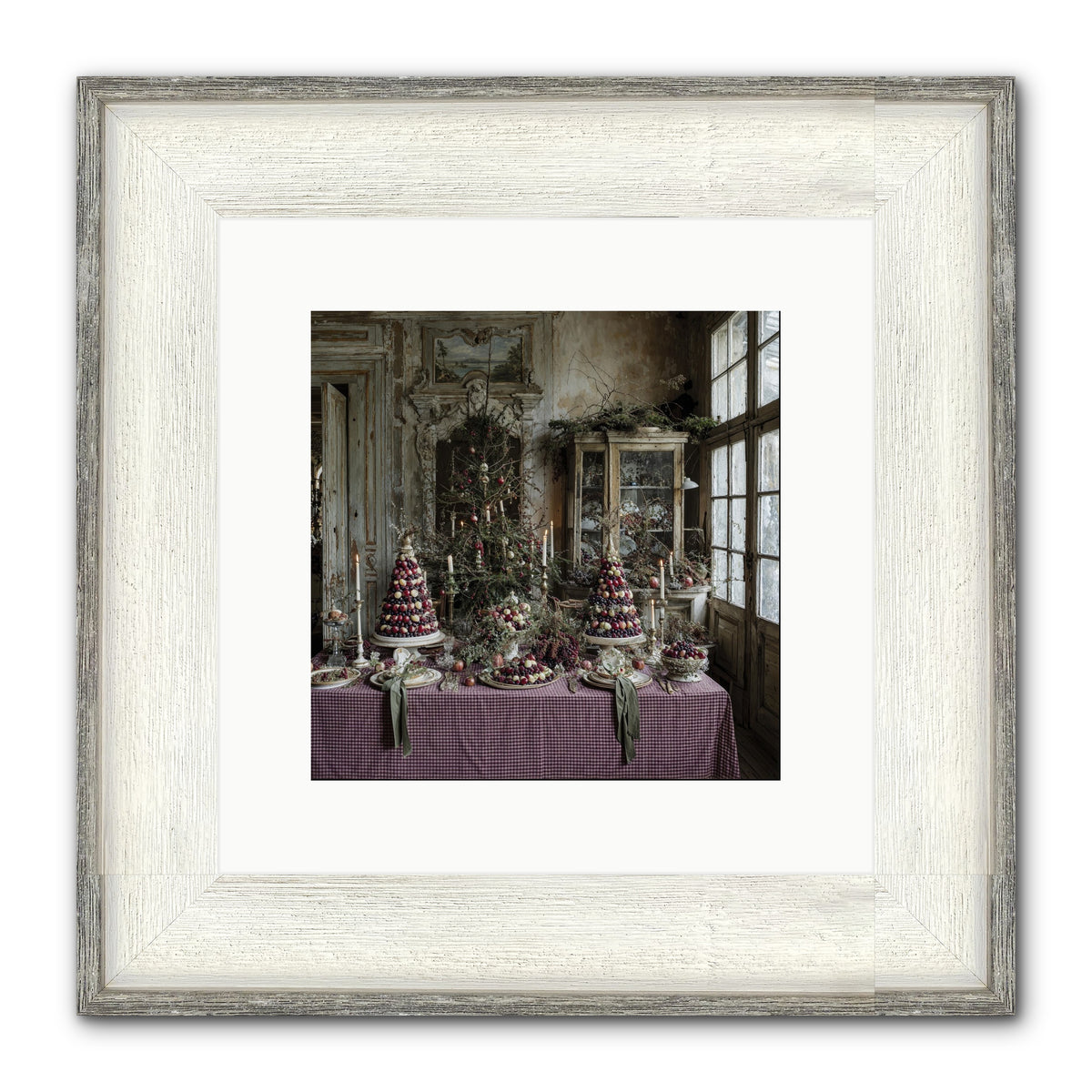 Mistletoe Meadow Cottage Framed Print - Driftwood White 10x10