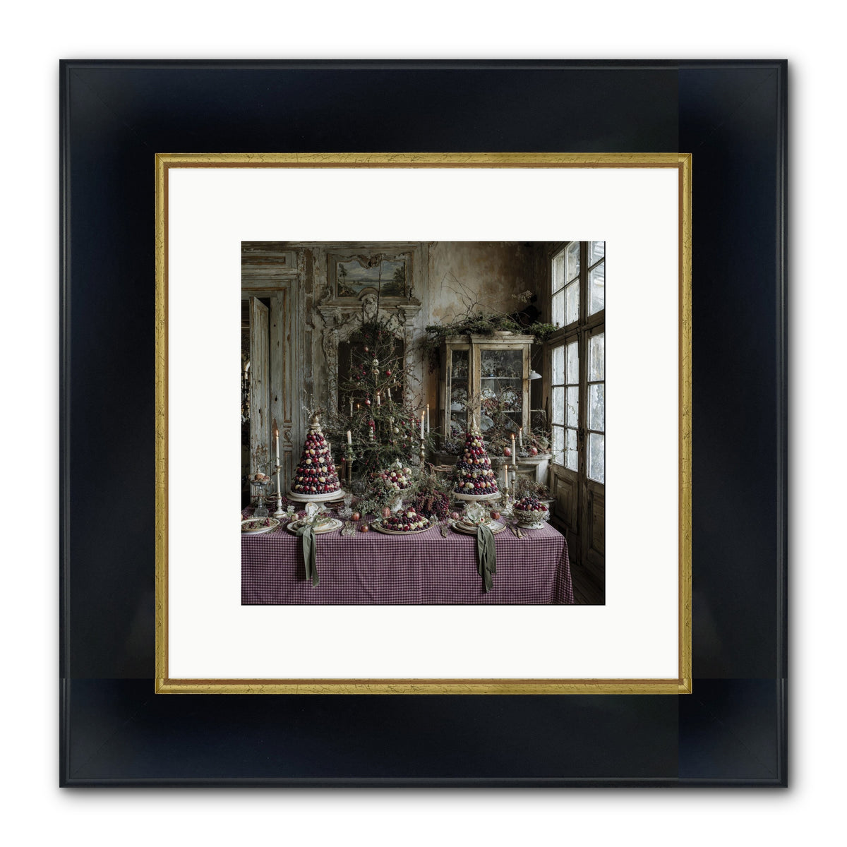 Mistletoe Meadow Cottage Framed Print - Wide Black w/Gold 10x10
