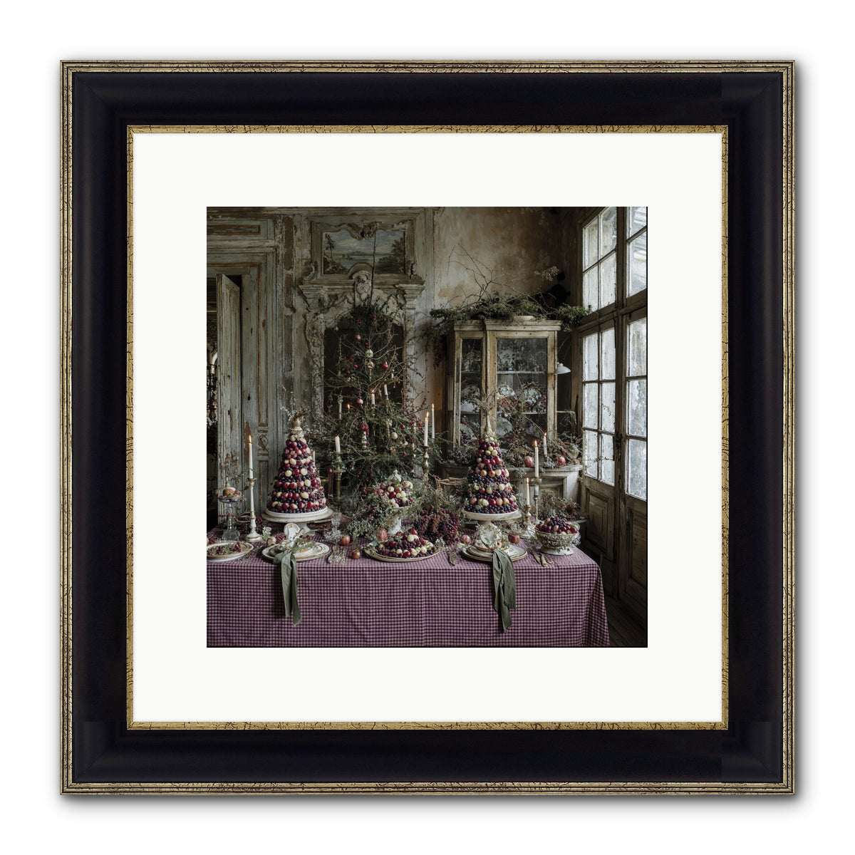 Mistletoe Meadow Cottage Framed Print - Black & Gold 12x12