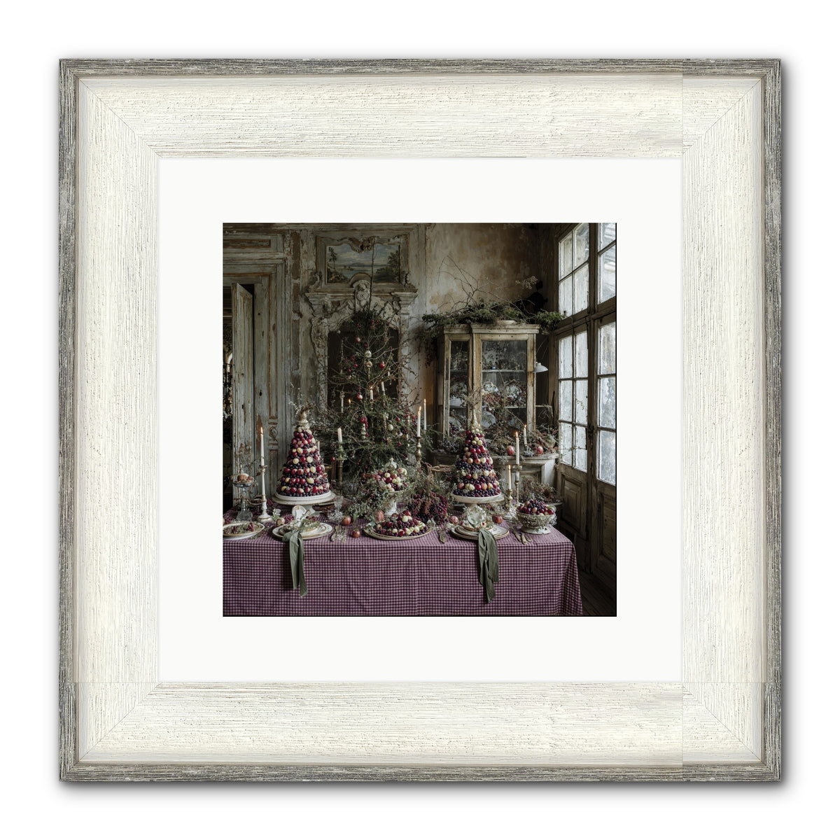 Mistletoe Meadow Cottage Framed Print - Driftwood White 12x12