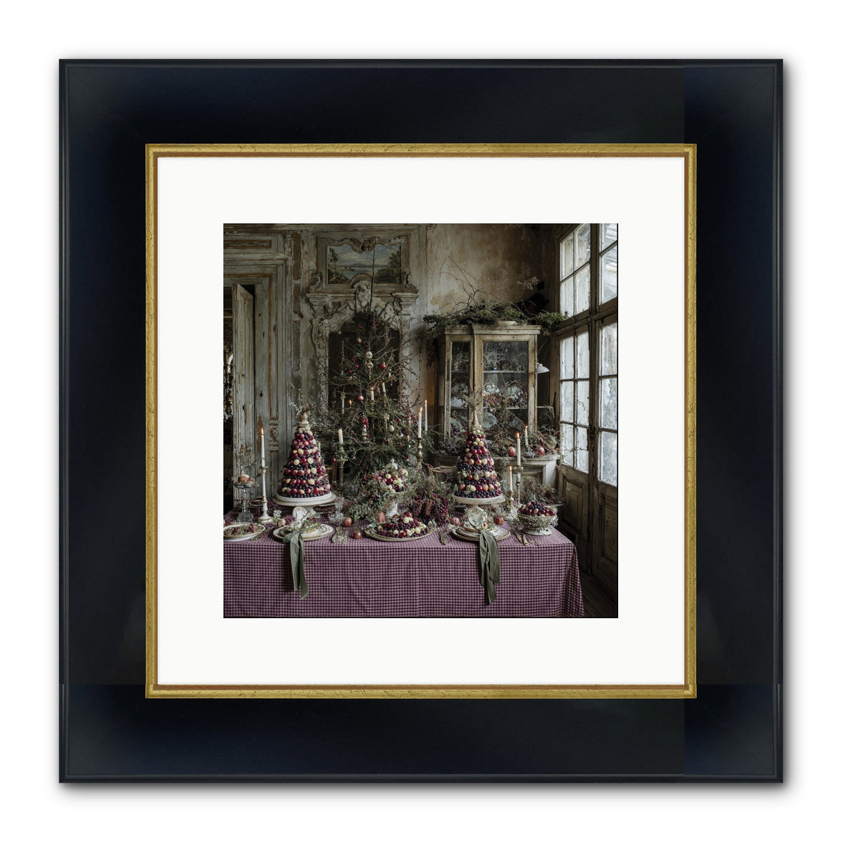 Mistletoe Meadow Cottage Framed Print - Wide Black w/Gold 12x12