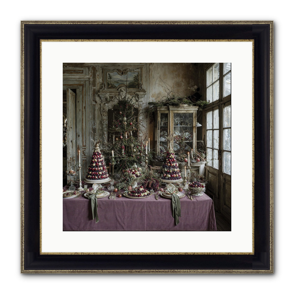 Mistletoe Meadow Cottage Framed Print - Black & Gold 16x16