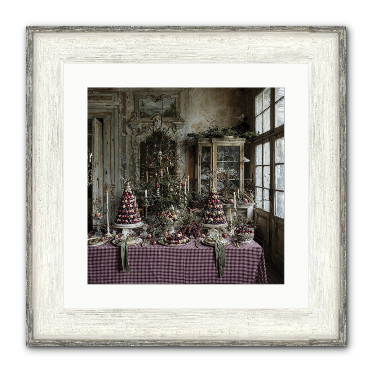 Mistletoe Meadow Cottage Framed Print - Driftwood White 16x16