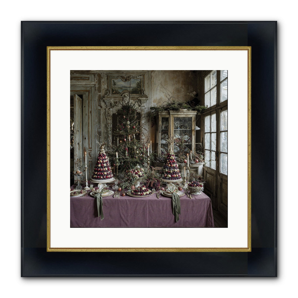 Mistletoe Meadow Cottage Framed Print - Wide Black w/Gold 16x16