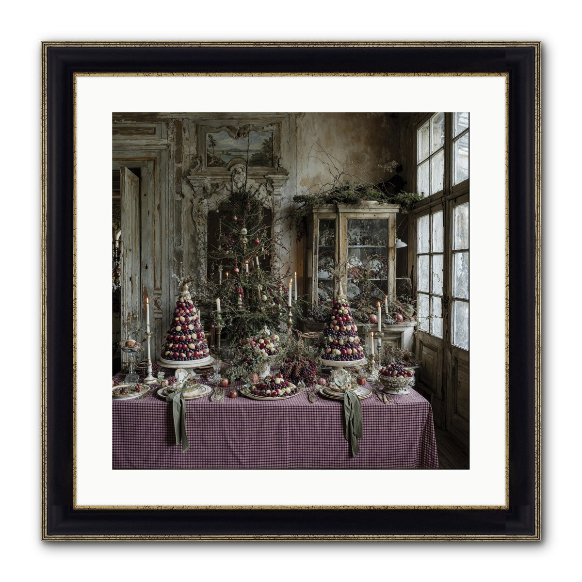 Mistletoe Meadow Cottage Framed Print - Black & Gold 20x20
