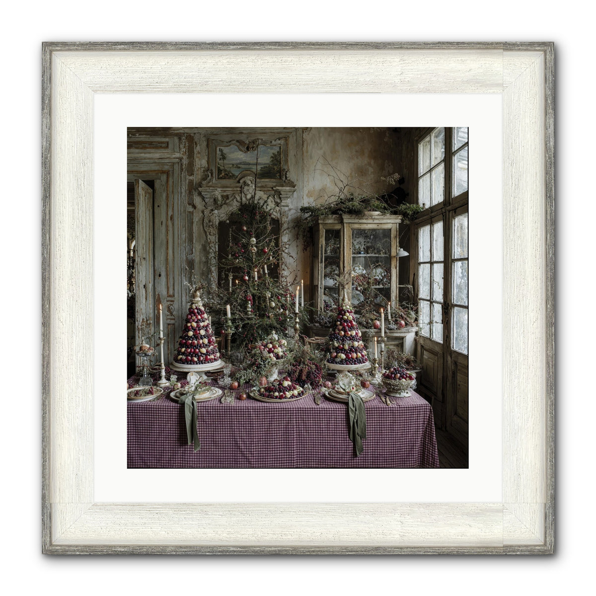 Mistletoe Meadow Cottage Framed Print - Driftwood White 20x20
