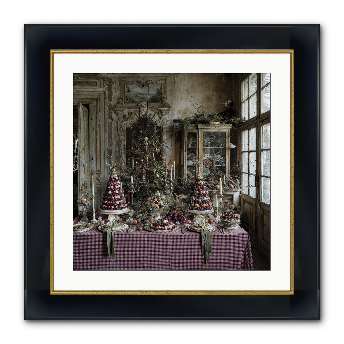 Mistletoe Meadow Cottage Framed Print - Wide Black w/Gold 20x20